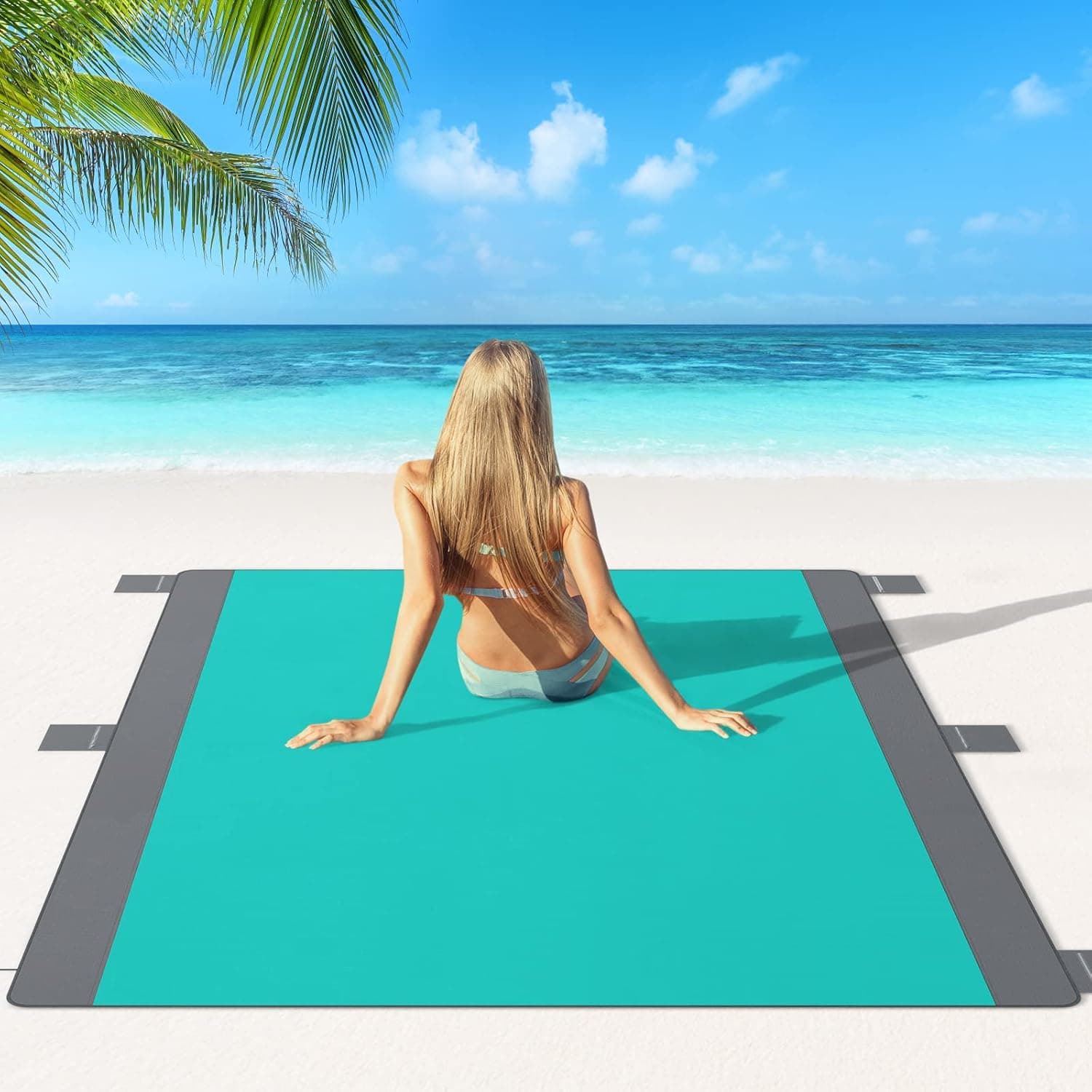 POUFIHARS Beach Blanket, Waterproof Sandproof Beach Blanket for 2-8 People, Extra Large Sandfree Beach Mat with 6 Stakes, Outdoor Travel Blanket for Camping, Picnic, Hiking, Beach Day, Music Festivals