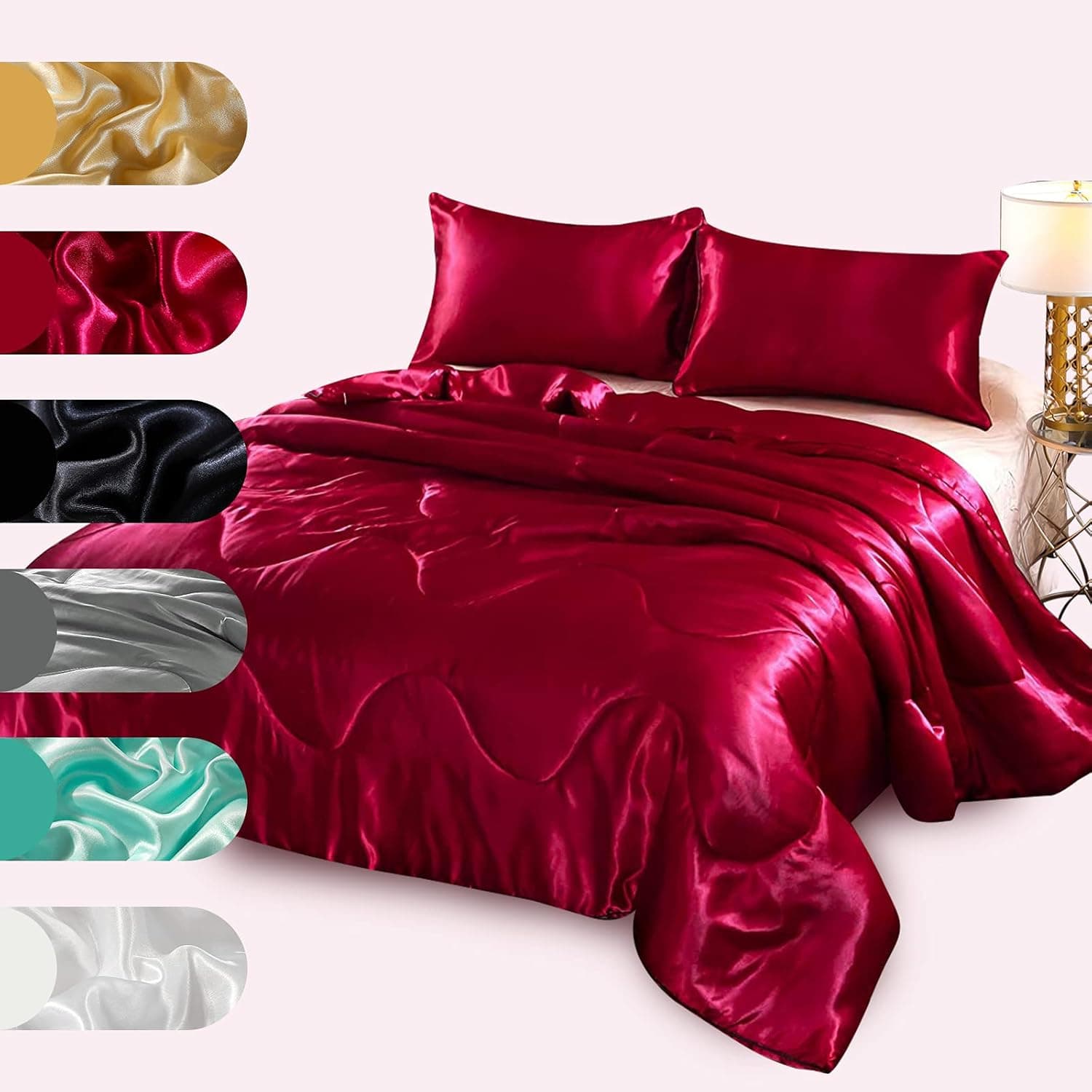 A Nice Night Satin Silky Soft Quilt Luxury Super Soft Microfiber Bedding Comforter Set Full/Queen, Light Weighted (Red, Queen(88-by-88-inches))