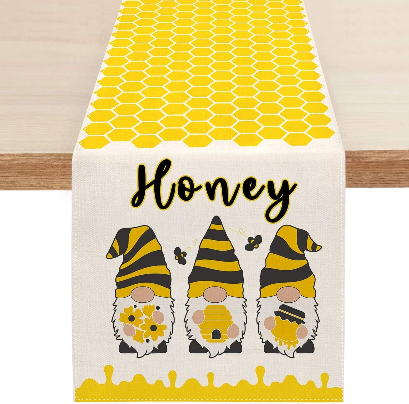 Sambosk Bee Honey Gnomes Table Runner, Spring Yellow Table Runners for Kitchen Dining Coffee or Indoor and Outdoor Home Parties Decor 13 x 72 Inches