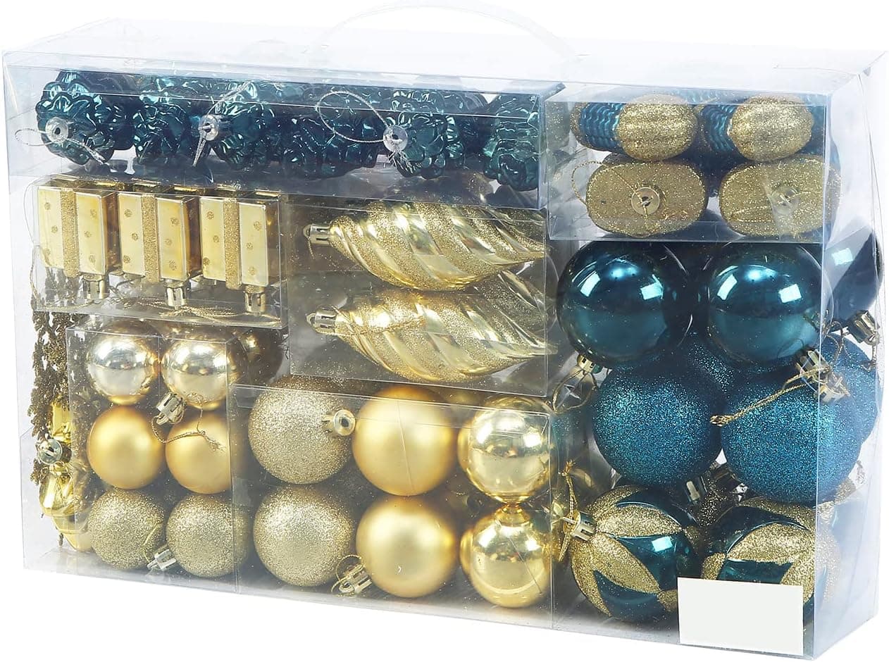 Sattiyrch 76ct Christmas Balls Ornaments Set for Xmas Tree,Shatterproof Christmas Tree Decorations with Reusable Hand-Help Gift Boxes (76ct Teal and Golden, Various Sizes)