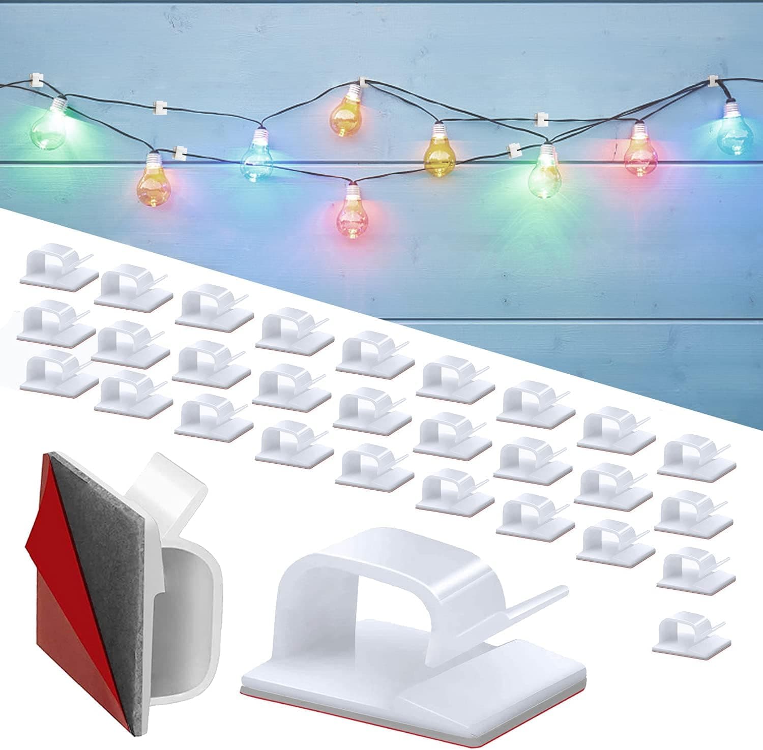Outdoor Light Clips 30 PCS, [Upgrade Adhesive] Heavy Duty Large Hooks for Outdoor String Lights.