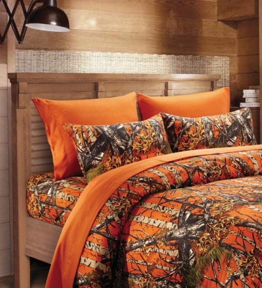 3 Piece Twin Orange Sheet Set Reversible Woodland Camo / Solid Color Design