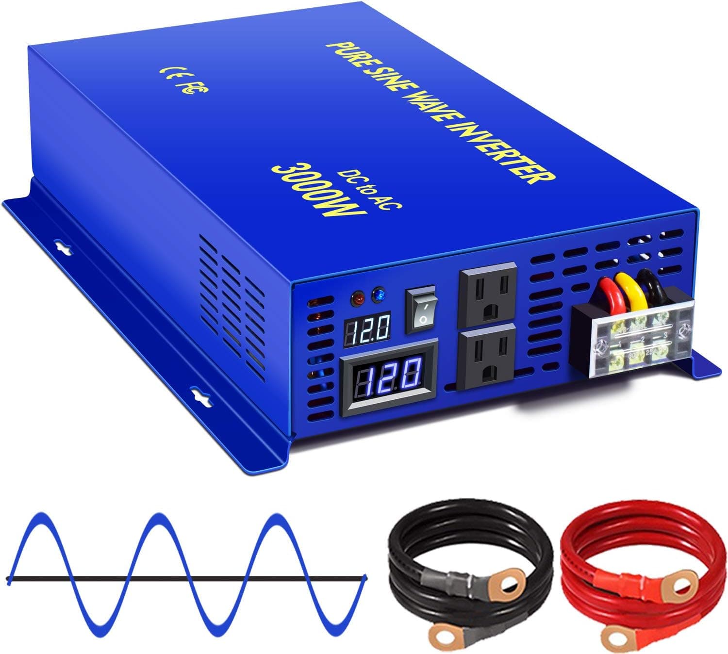 XYZ INVT 3000W Pure Sine Wave Power Inverter 12v to 110v 120v DC to AC with 2 USA Outlets 2 Set of Battery Cables, Power Converter for Home Off Grid, Solar System, RV.(3000W12V)