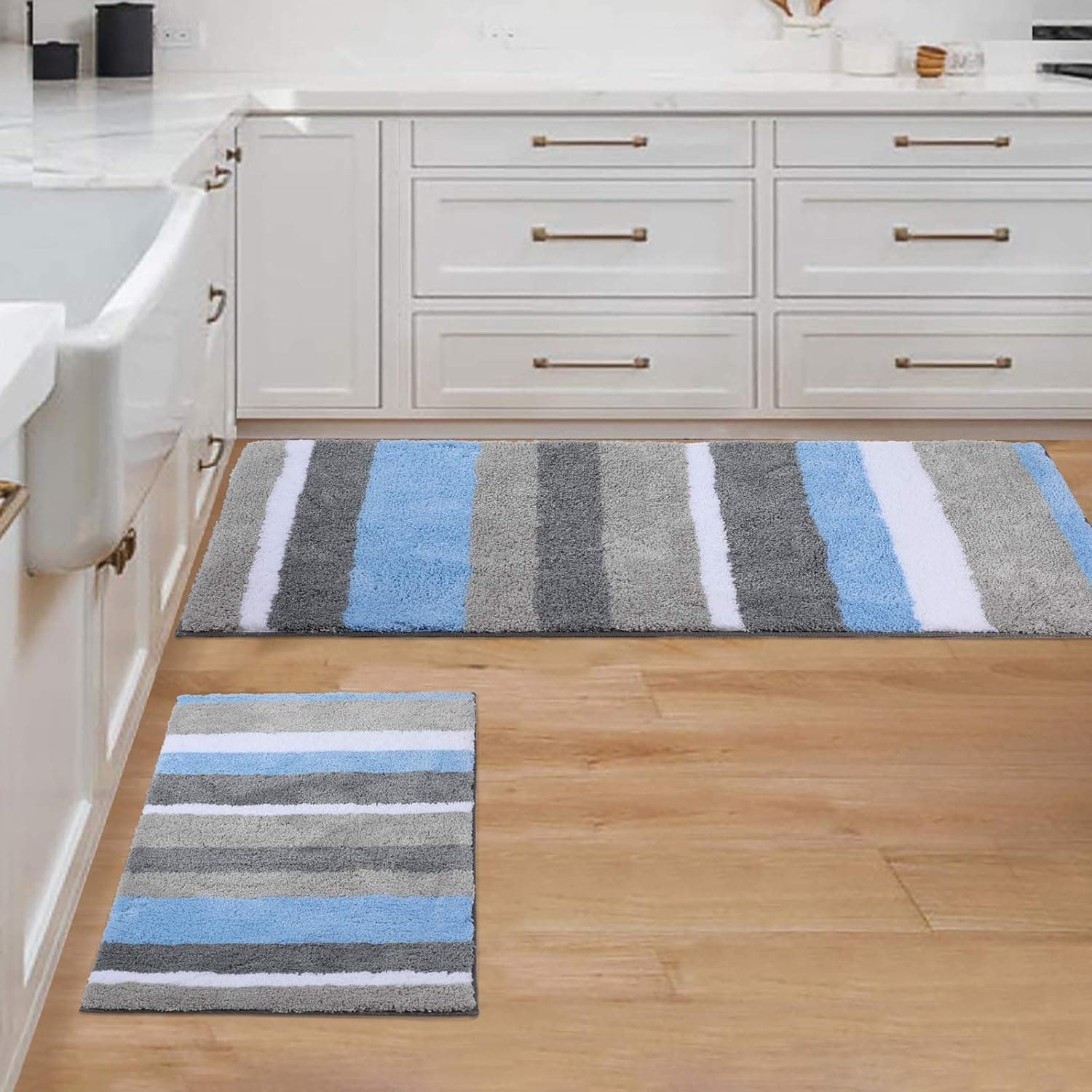 Buganda Non-Slip 2 Pieces Bathroom Rugs Set Water Absorbent Soft Microfiber Shaggy Bath Mat Machine Washable Bath Rugs for Bathroom (17”x 24” + 17”x 47”, Blue/Grey)