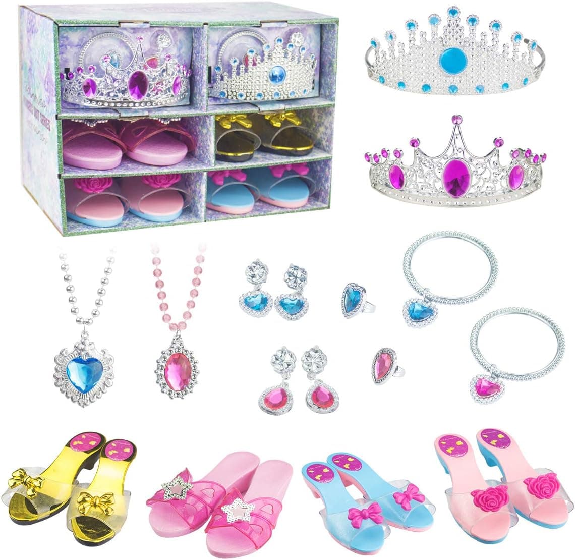 FYD Princess Shoes Tiara Dress up Set Include 4 Princess Shoes and Jewelry Accessories Set with Tiaras Necklaces Bracelets Earrings Toy Role Play Set Gift for Girls Age 3-10