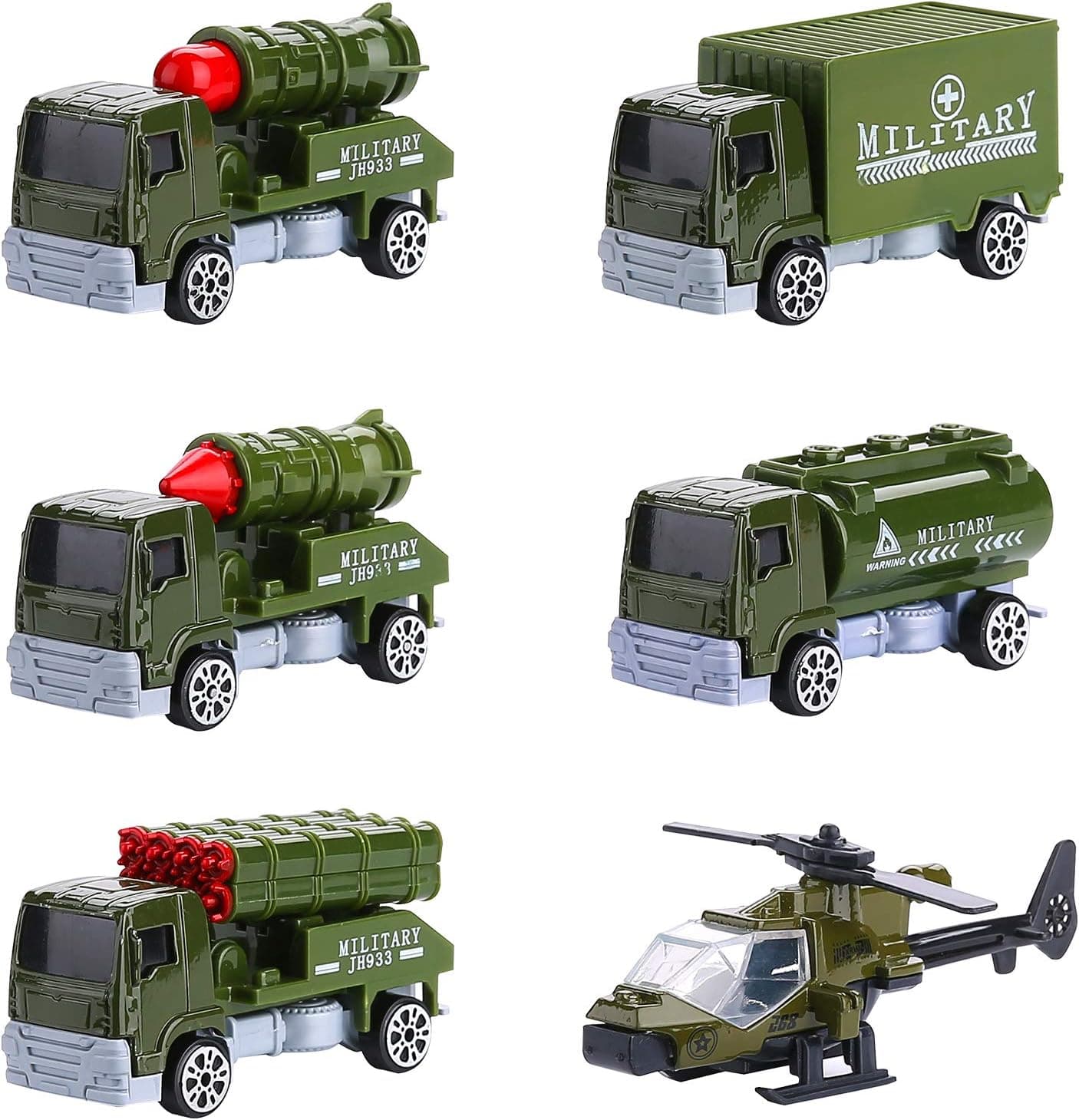 Hautton Diecast Military Vehicles Set, 6 Pack Assorted Alloy Metal Army Model Car Toys Mini Size Playset Helicopter, Missile Launch Vehicle, Transport Truck, Oil Tank Vehicle for Boys Kids Toddlers