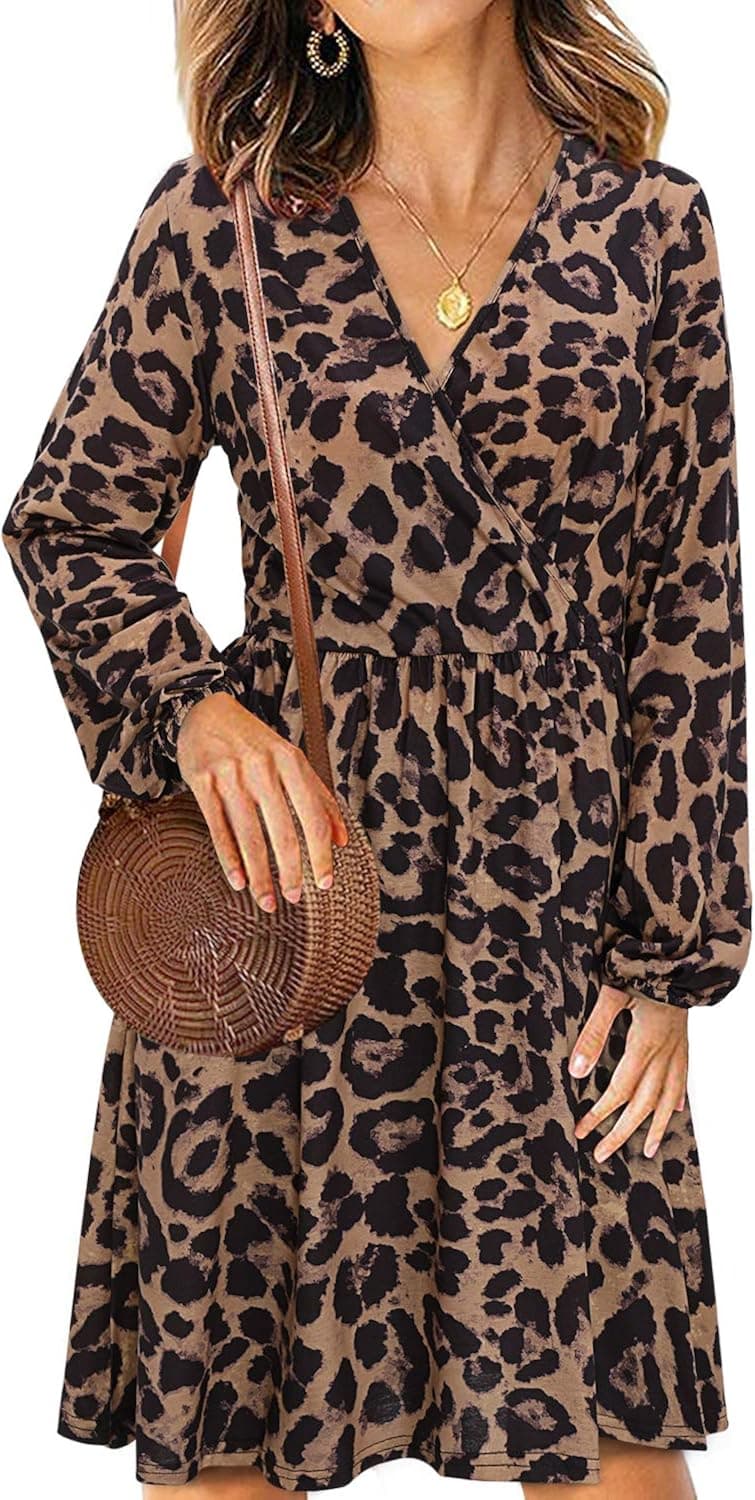 STYLEWORD Women's V Neck Long Puff Sleeve Casual Swing Midi Dress with Pocket