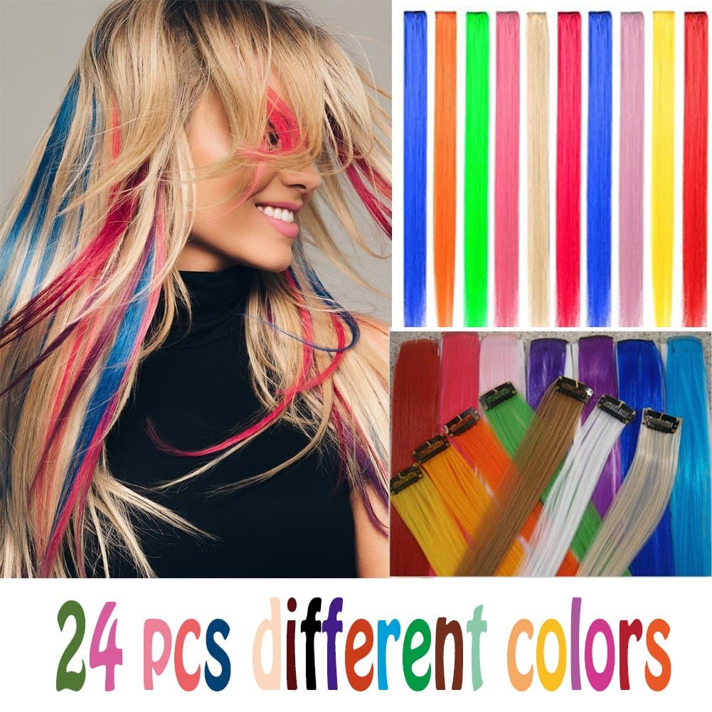 24 pcs Straight Colored Clip in Hair Extensions Fashion Hairpieces for Party or Performance Highlight Multiple Colors(Full Color Set 24 Pcs)