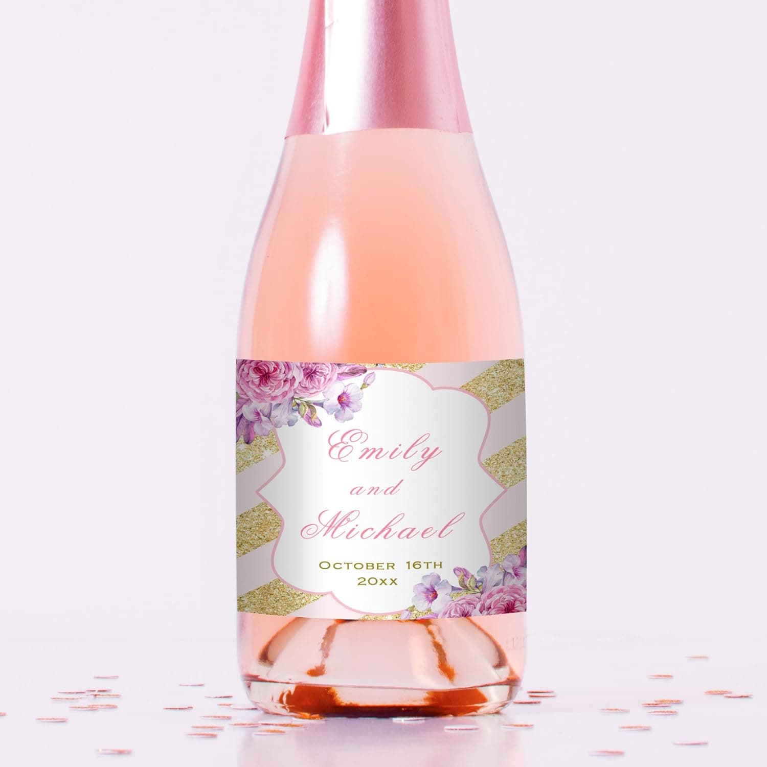 100 Mini Wine or Mini Champagne Bottle Labels Personalized Pink Gold Floral Waterproof