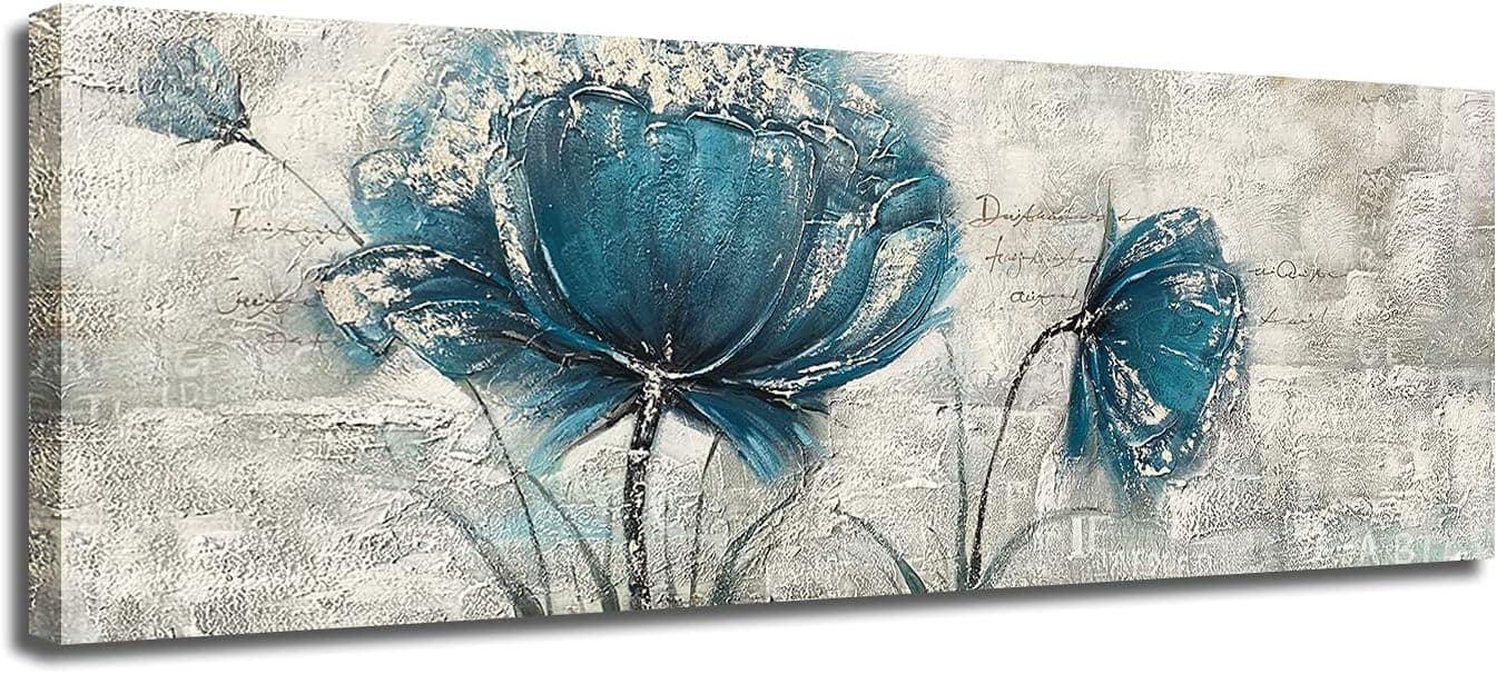 Juhuso Bathroom Decor Blue Flower Canvas Wall Art Modern Blue Flower Theme Picture Painting Kitchen Prints Pictures for Home Living Dining Room 12x36 inch