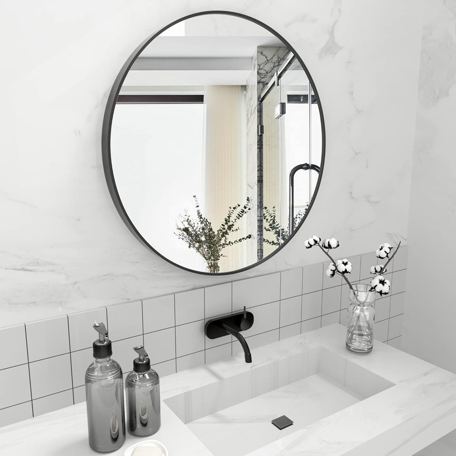 BEAUTYPEAK Circle Mirror Black 15.7 Inch Wall Mounted Round Mirror with Brushed Metal Frame for Bathroom, Vanity, Living Room, Bedroom, Entryway Wall Decor (Black, 15.7 Inches)