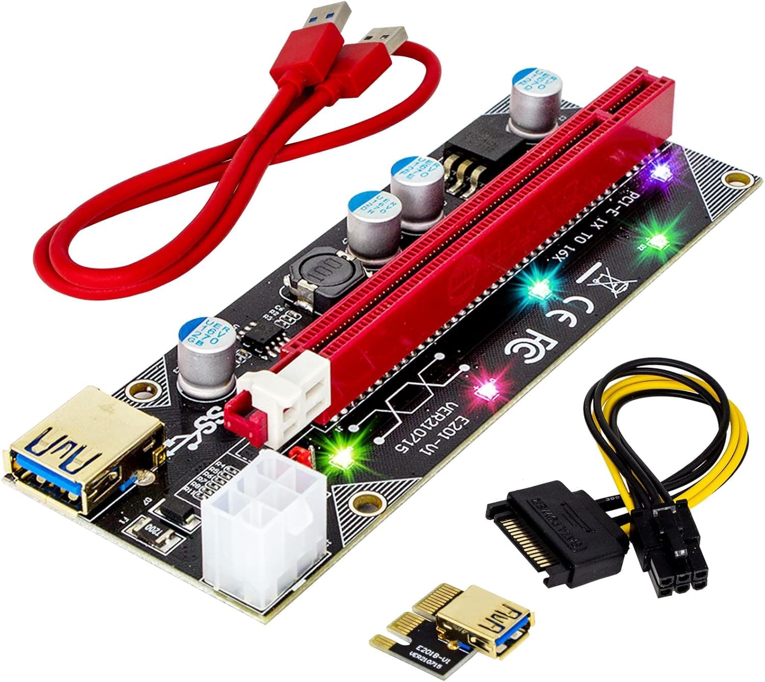 ACTIMED PCI-E GPU Riser Express Cable 16x to 1x (6PIN) with Led Graphics Extension Ethereum ETH Mining Powered PCI-E Riser Adapter Card, 60cm USB 3.0 Cable (1PCS)