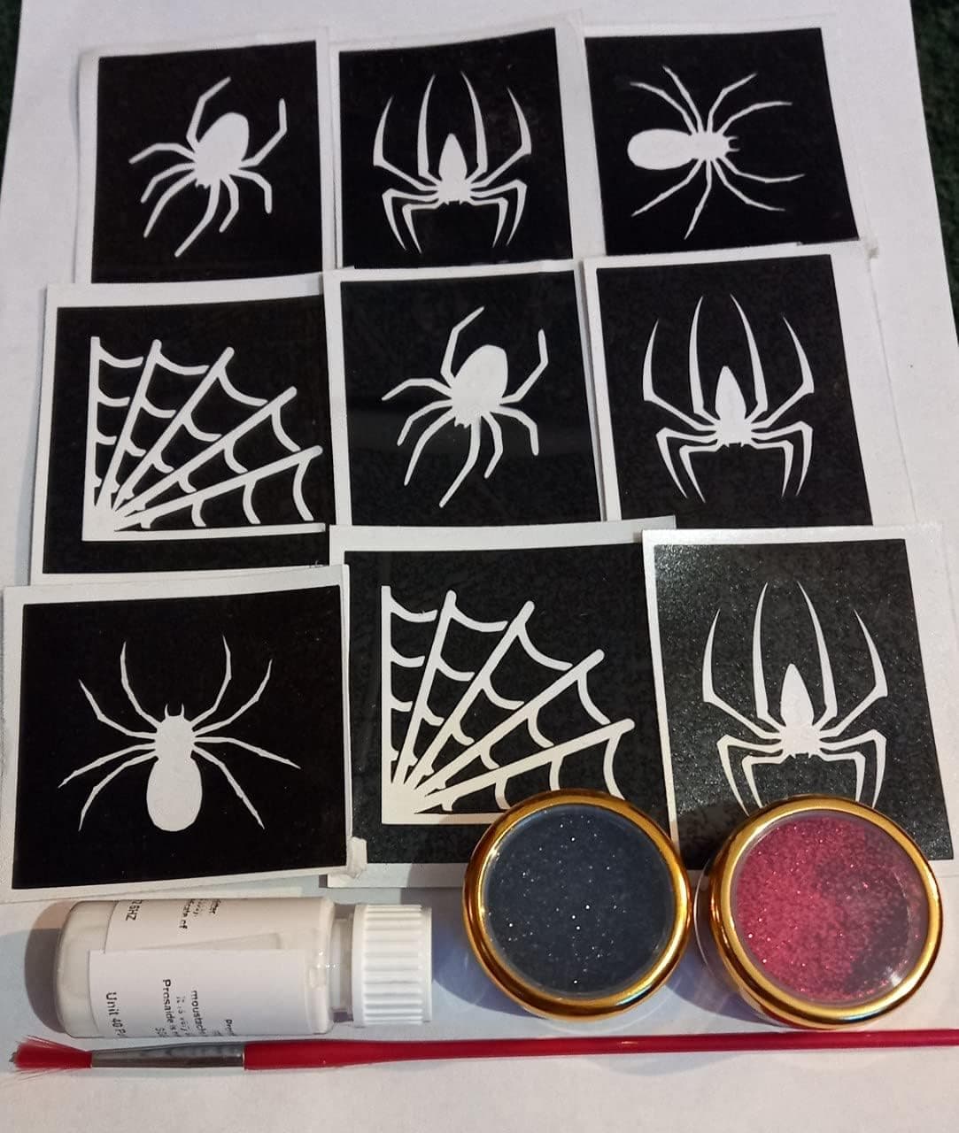 Spider Glitter Tattoo Set incl 30 x Stencils + 2 Glitter Colors + Glue Gothic Scary spoky