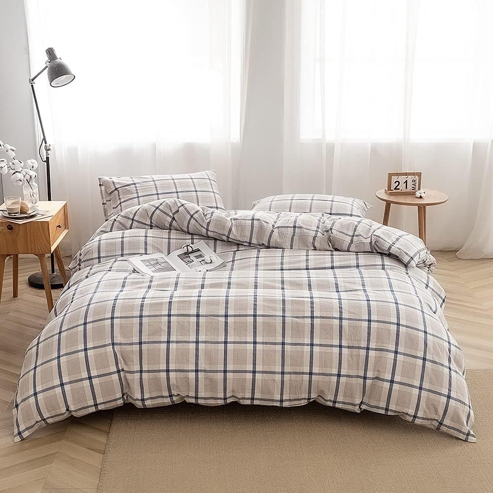 FACE TWO FACE Bedding Duvet Cover Set 2 Pieces 100% Washed Cotton Duvet Cover Linen Like Textured Breathable Durable Soft Comfy (Twin, Blue Grid)