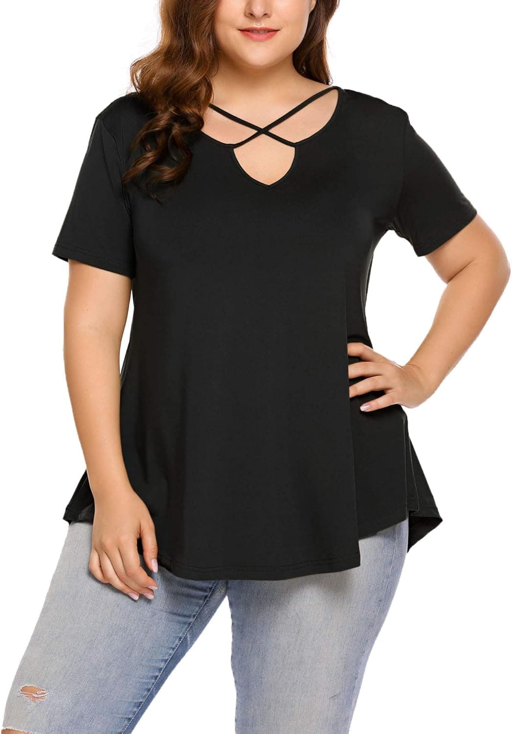 IN'VOLAND Womens Plus Size Tops Short Sleeve V Neck Blouses Criss Cross T Shirt Casual Tunic Tees