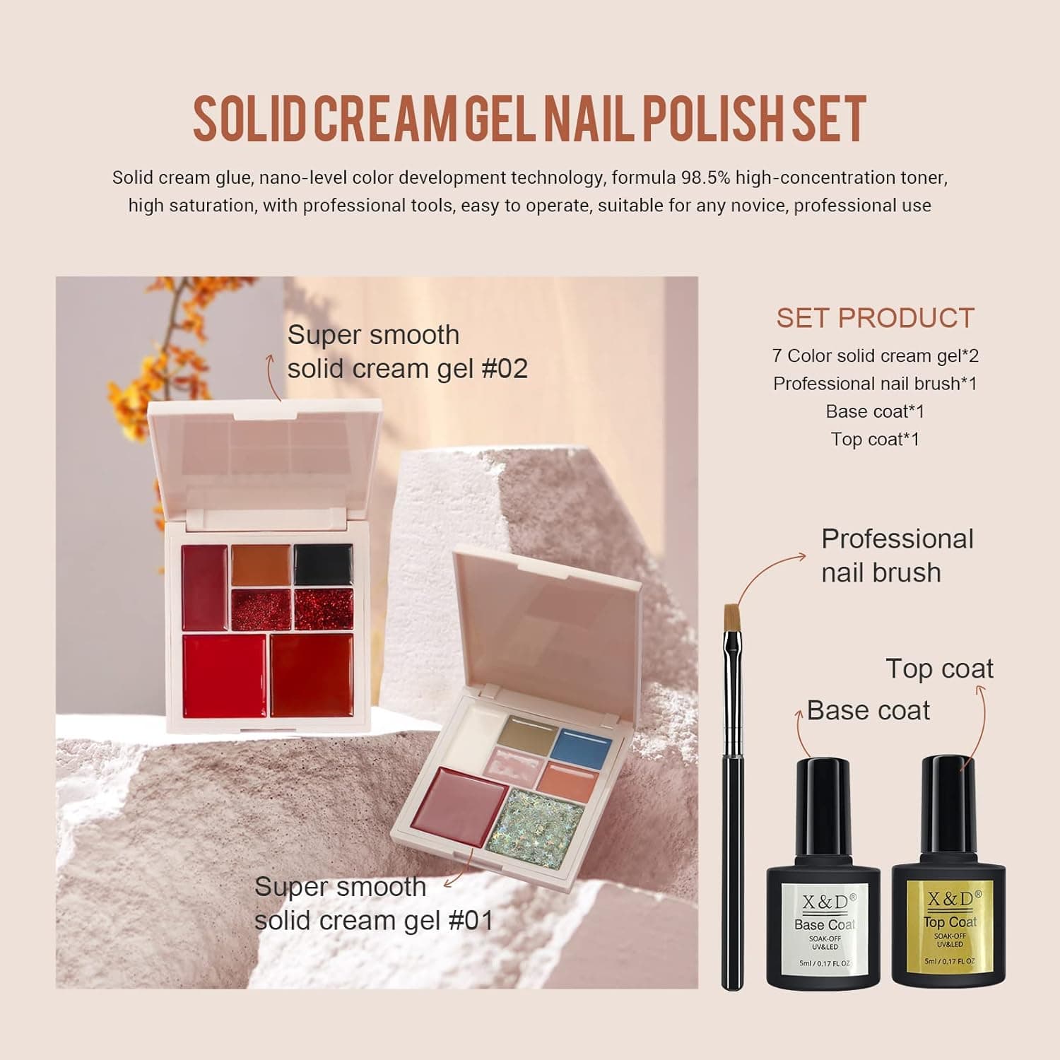 Melon Shore Solid Cream Gel Polish Kit 2 Palettes 14 Colors Glitter Red Nail Art Design Polygel with Top Base Coat, Brush Set DIY Home for Women