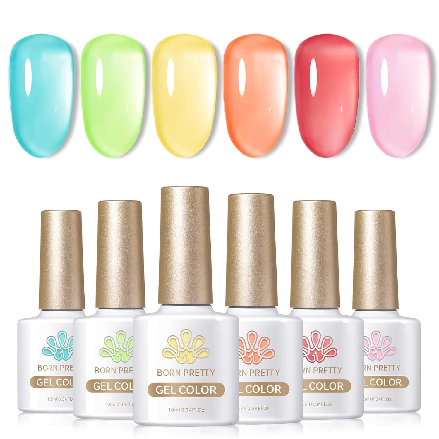 Born Pretty Jelly Gel Nail Polish Set Spring Summer Crystal Glass Transparent Gel Polish Kit Translucent Pastel Gel Polish Blue Red Green Yellow Pink Soak Off UV Gel Polish 10ML 6PCS