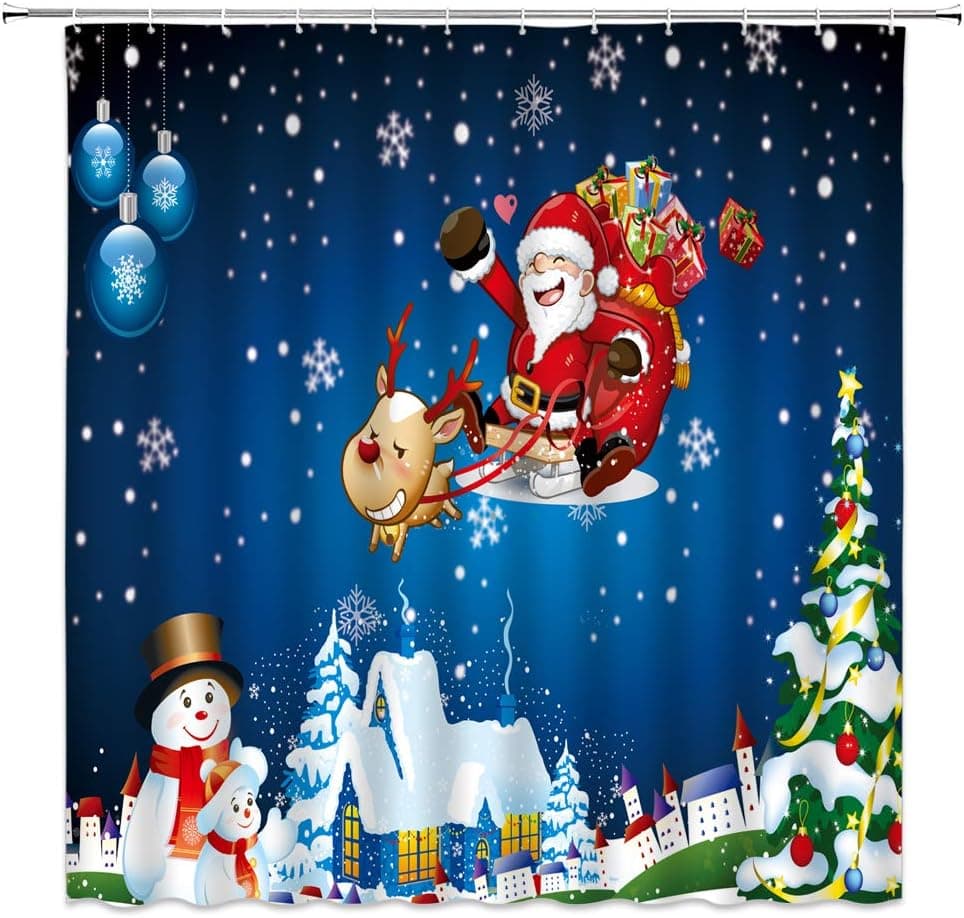 WZFashion Merry Christmas Shower Curtain,Santa Claus Sleigh Reindeer Deer with Gift Snowman Tree Castle Ball Happy New Year Festive Holiday Decor,Xmas Eve Bathroom Curtain Set Fabric with Hooks
