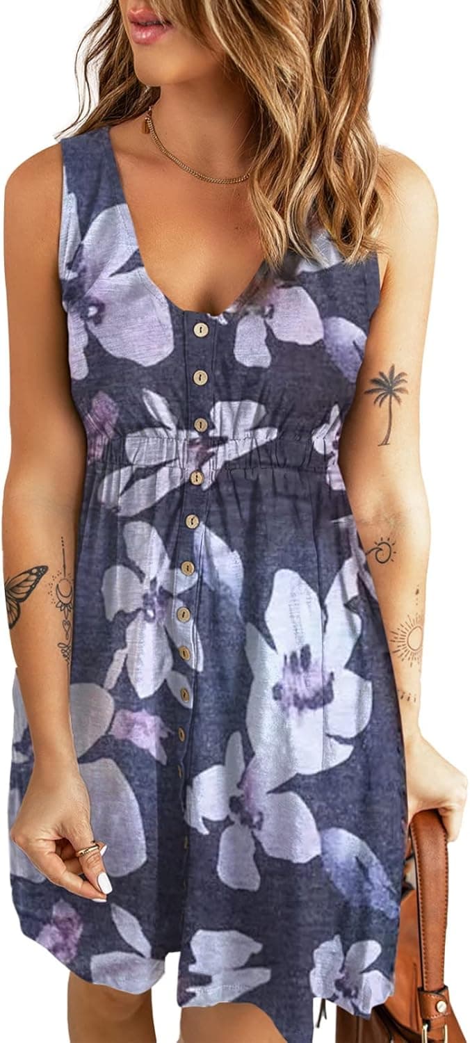 Acelitt Womens Casual Sleeveless Button Down Elastic Waist Swing Dresses, XS-2XL
