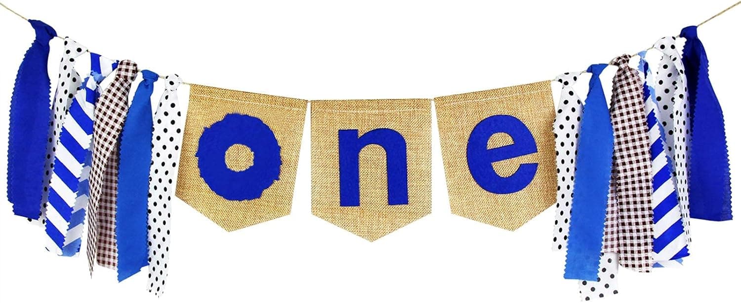 Ecore Fun 1st Birthday Party Decoration Supply Burlap High Chair ONE Banner for Baby Boy - Blue Theme