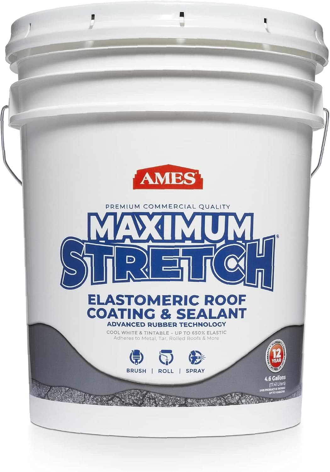 Ames Maximum Stretch - 4.6 Gallon Waterproof Sealant Membrane - Perfect For Roofing, Repairs, Concrete, EPDM & Wood - Liquid Rubber Sealer - Up To 650% Elastic - Made in USA