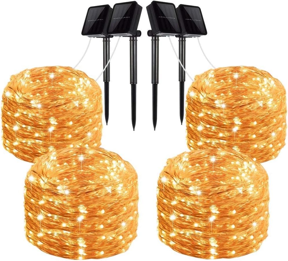 LiyuanQ Solar String Lights, 4 Pack 100 LED Solar Fairy Lights 33 Feet 8 Modes Copper Wire Lights Waterproof Outdoor String Lights for Garden Patio Gate Yard Party Wedding Indoor Bedroom Warm White