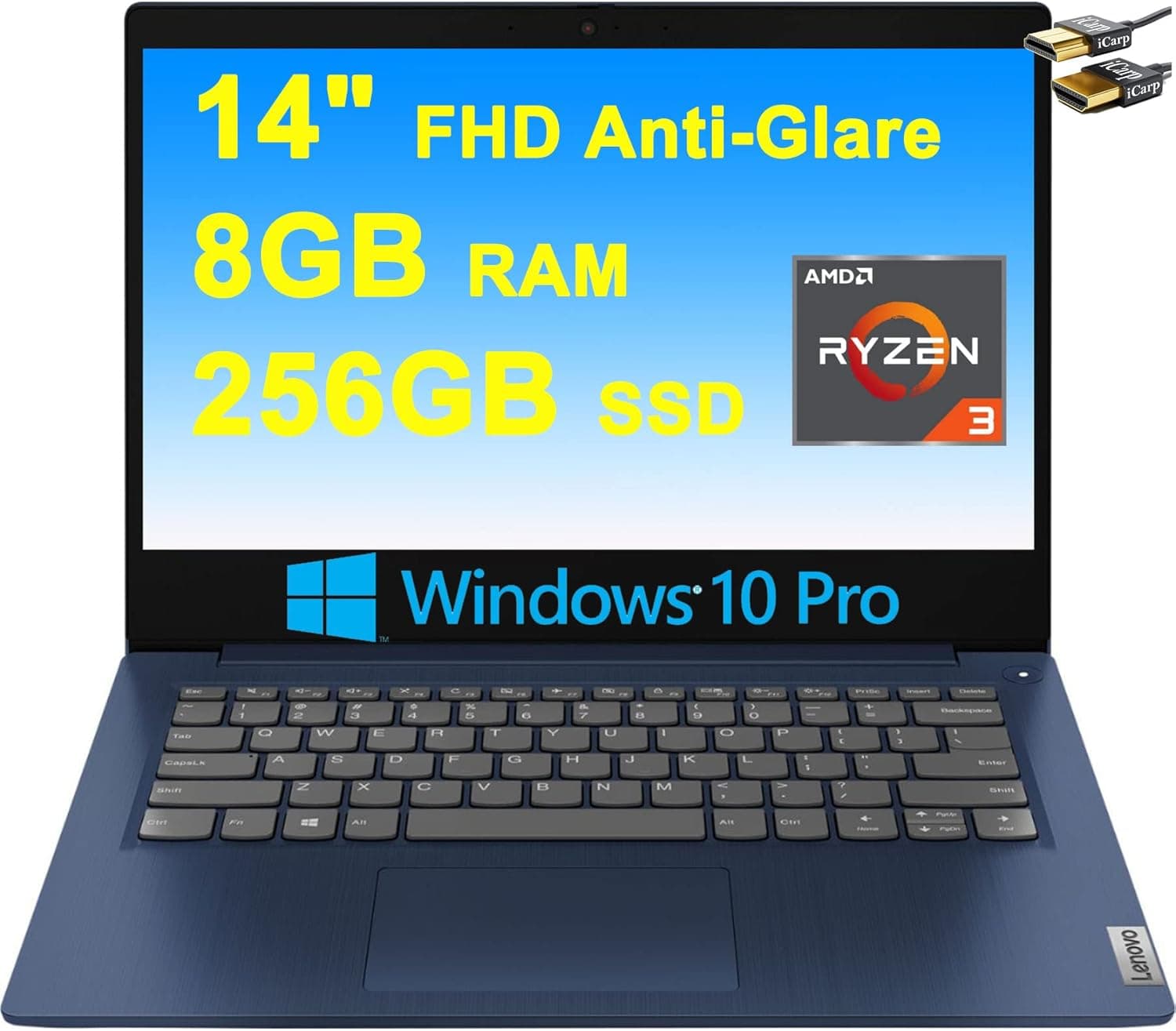 Lenovo IdeaPad 3 14 Business Laptop Computer 14" Full HD Anti-Glare Display AMD Ryzen 3 3250U Processor 8GB DDR4 256GB SSD AMD Radeon Graphics Dolby Webcam Win10Pro Abyss Blue + HDMI Cable