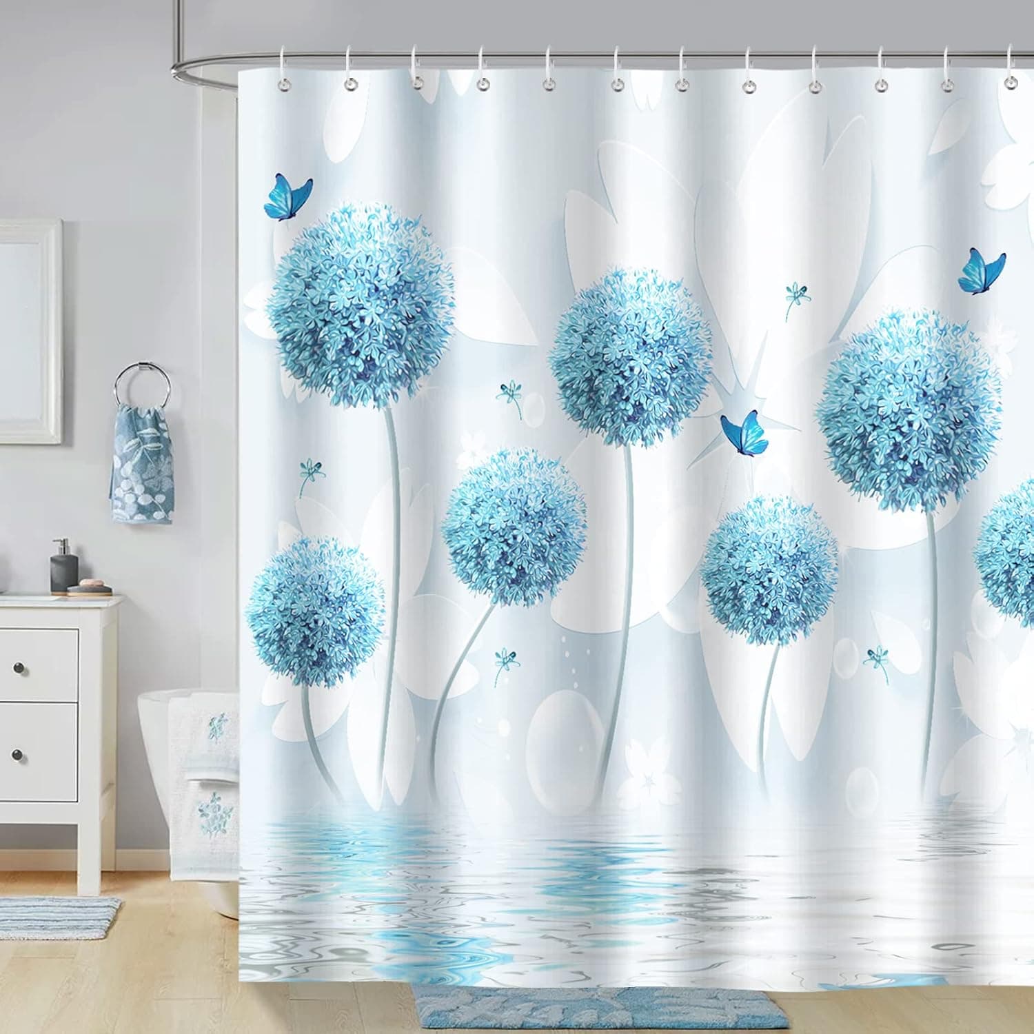 Bonhause Dandelion Shower Curtain with 12 Hooks Blue Floral Decorative Bath Curtain 72 x 72 Inch Polyester Fabric Waterproof Bathroom Curtain
