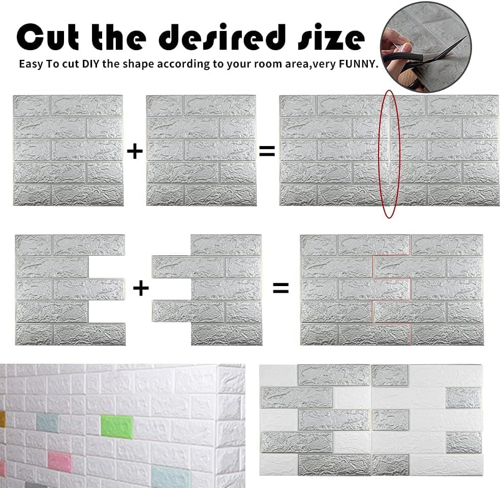 Sodeno 40 PCS Sliver 3D Wall Panels, 58 sq.feet Coverage, Printable Wallpaper Sticker with Self-Adhesive Waterproof Brick PE Foam Wall Panels Peel and Stick for Interior Wall Decor, Home Decoration
