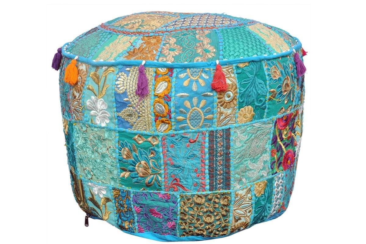 MyCrafts Indian Living Room Pouf, Foot Stool, Round Ottoman Cover Pouf,Traditional Handmade Decorative Patchwork Ottoman Cover Turquoise Colour,Indian Home Decor Cotton Cushion Ottoman Cover 13x18