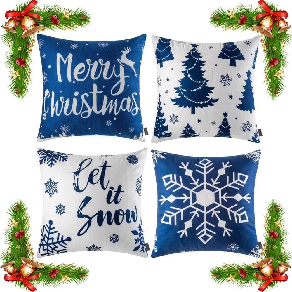 Christmas Pillow Covers 16×16 Inch Set of 4 Farmhouse Cushions Holiday Velvet Pillow Case for Sofa Couch Bed Xmas Decorations Throw Pillowcase (4pack-01)