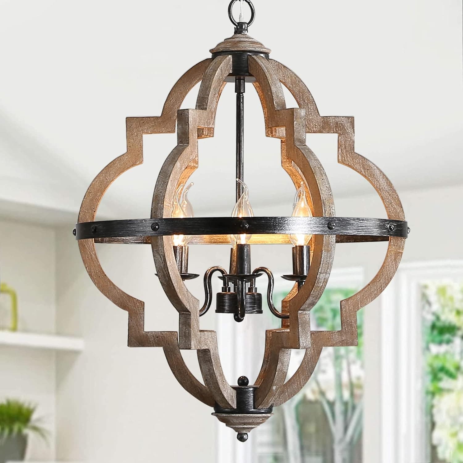 Farmhouse Chandelier French Country 6-Light Wood Light Fixture Rustic Pendant Lighting for Kitchen Island Dining Room Entryway Foyer