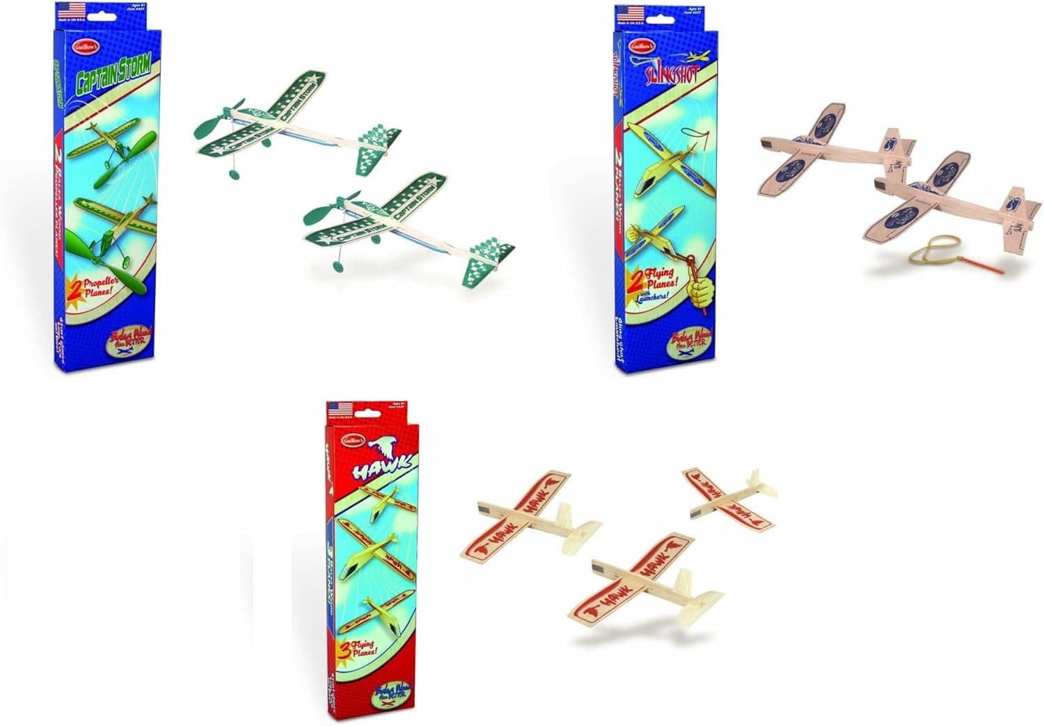 Guillow Balsa Wood Airplane Set - 3 Balsa Airplane Kits in One Set - Captain Storm Twin Pack, Sligshot Twin Pack, and Hawk Triple Pack - 7 Planes Included