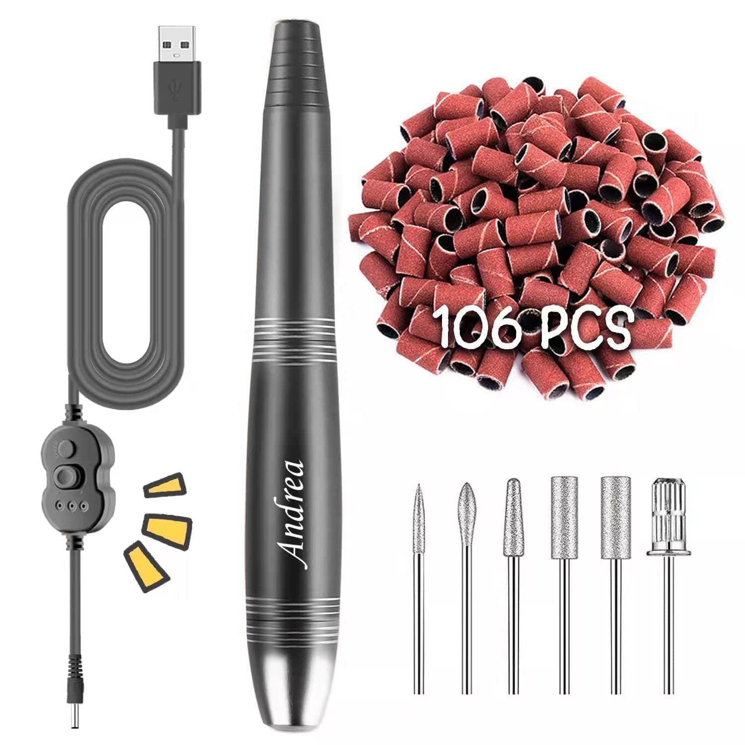 Andrea Nail Drill, Electric Nail File with 106 Sanding Bands and 6 Nail Drill Bits, Portable Nail Drill Machine for Gel Nail Remove or Polishing, for Manicure & Pedicure (Grey)