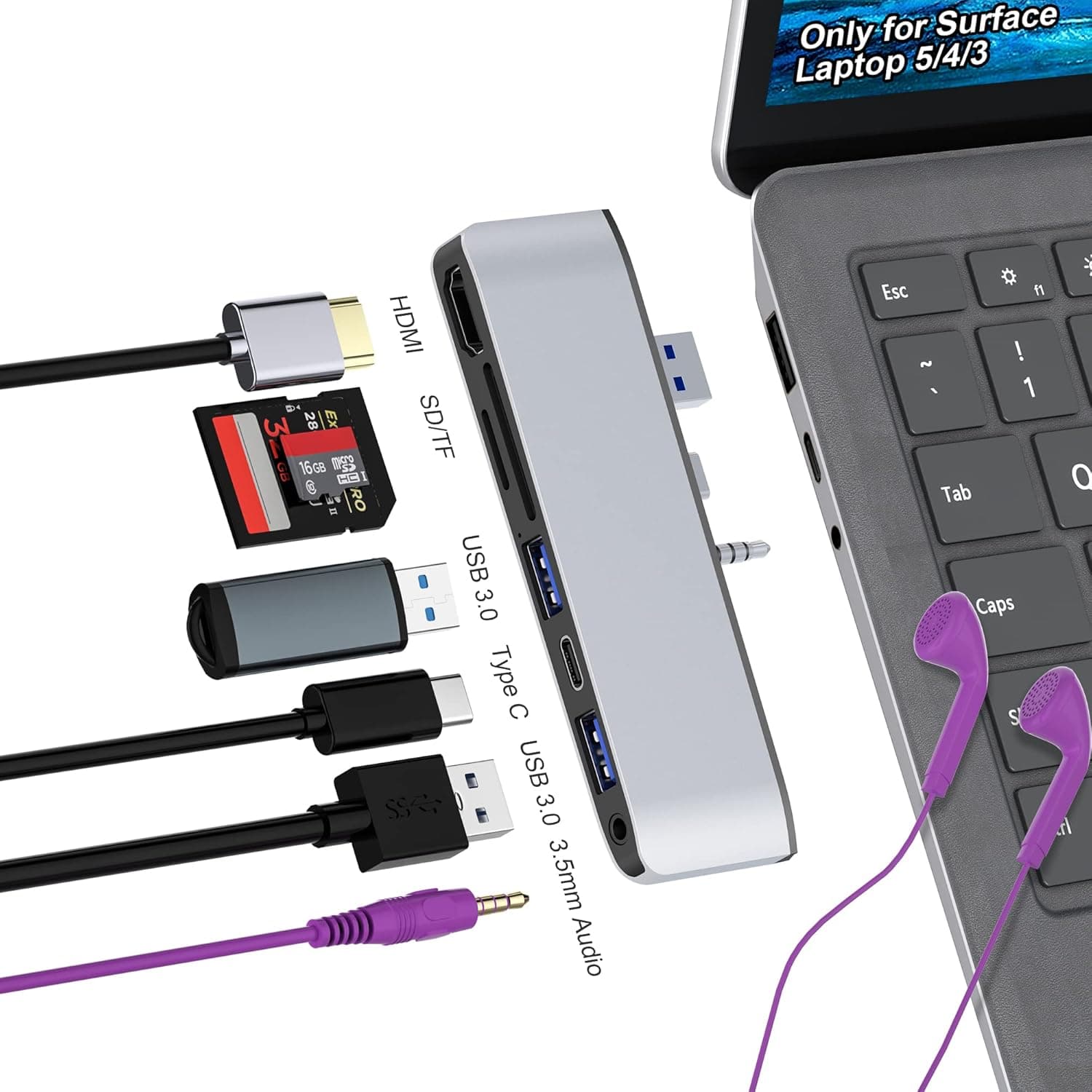 Docking Station for Surface Laptop 5 /Laptop 4 /Laptop 3, Surface Laptop 5 Hub with 4K HDMI, USB 3.0 * 2, Type C 2.0, SD/TF Slot, 3.5mm Audio Port, USB Hub Adapter for Microsoft Surface Laptop 5/4/3