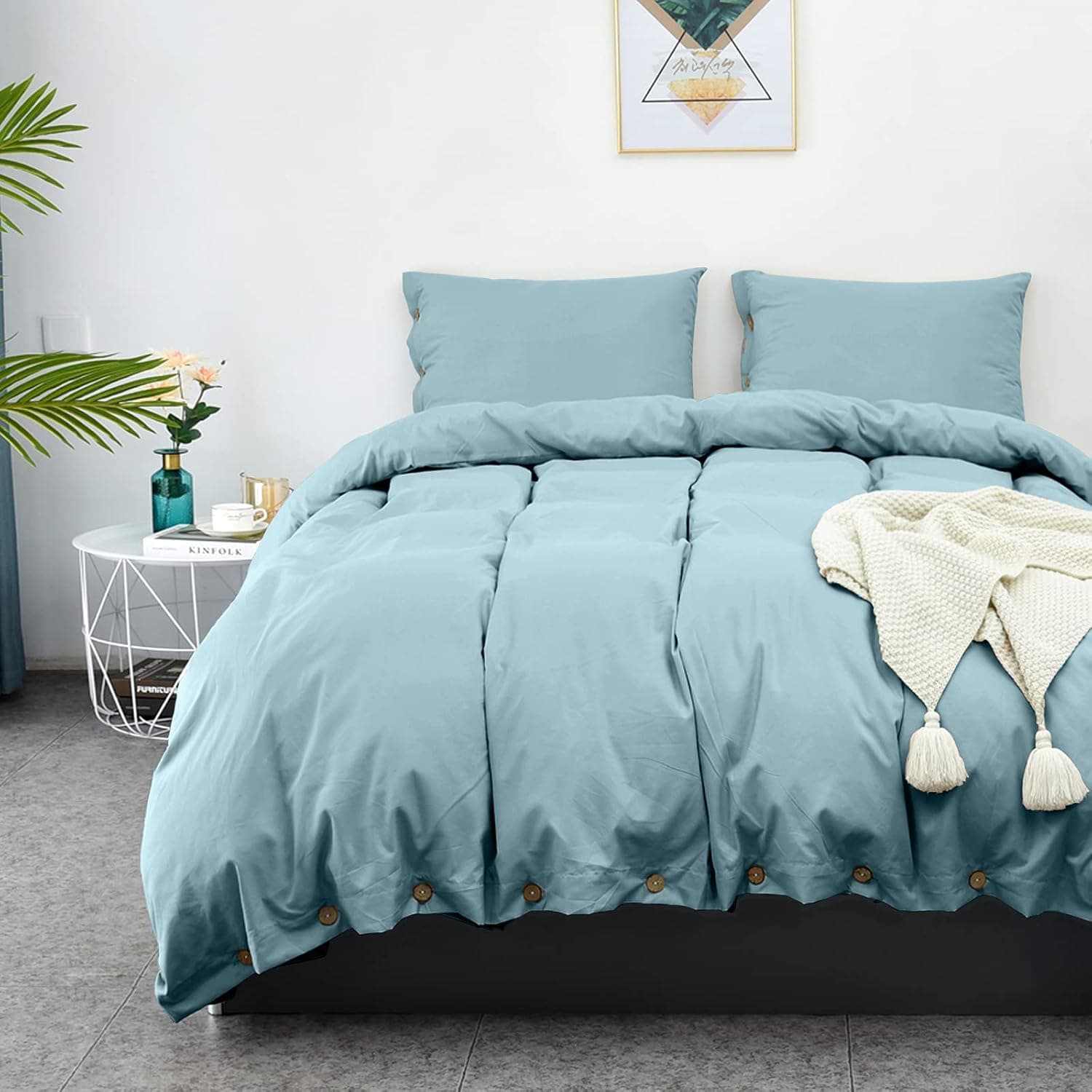 LHKIS Duvet Cover Queen, Gray Blue Farmhouse Duvet Cover Set, Soft Microfiber Comforter Cover Hotel Button Bedding Duvet Cover 3 Pieces
