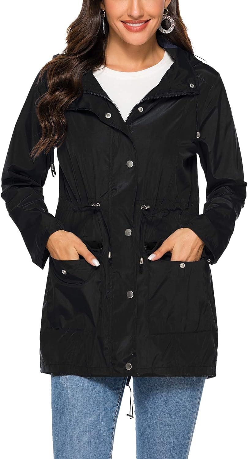 Raincoat Womens Lightweight Waterproof Hooded Long Rain Jacket Outdoor Windbreaker Travel Jacket Black X-Large