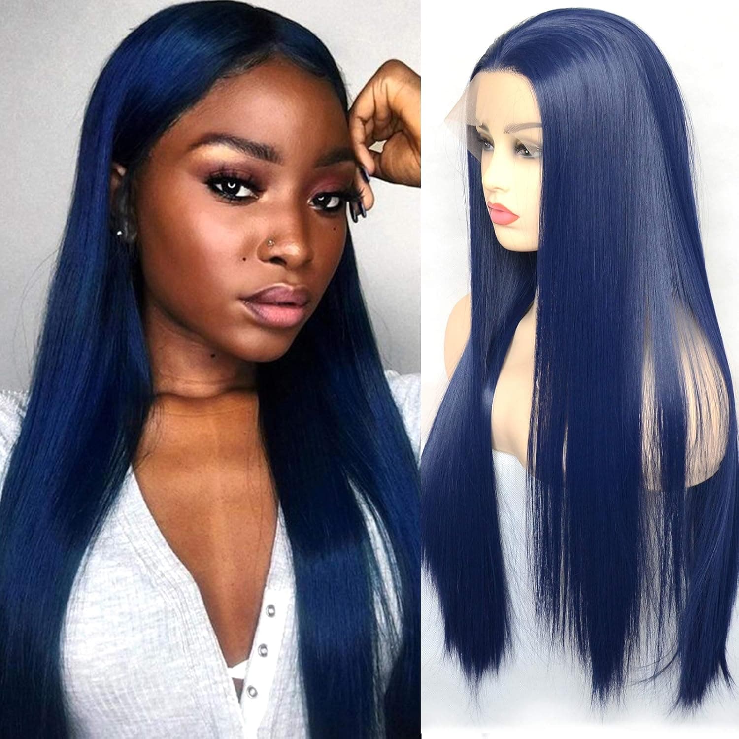 BLUPLE Fasion Blue Synthetic T Lace Front Wigs Silky Straight Drak Blue Trendy Heat Resistant Hair Half Hand Tied Wigs for Cosplay Daily Wear (22",T Front Lace Wig, Straight,Blue)