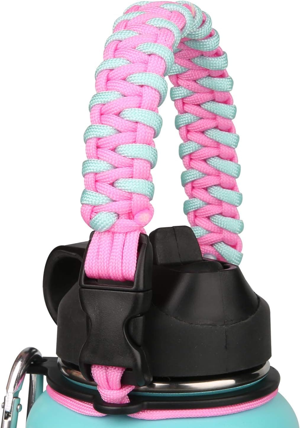 BOYKO Paracord Handle for Hydro Flask Wide Mouth Water Bottle - Paracord Carrier Survival Strap Cord Improved Design with Safety Ring and Carabiner for 12oz to 64oz Sports Water Bottle (pinkblue2)