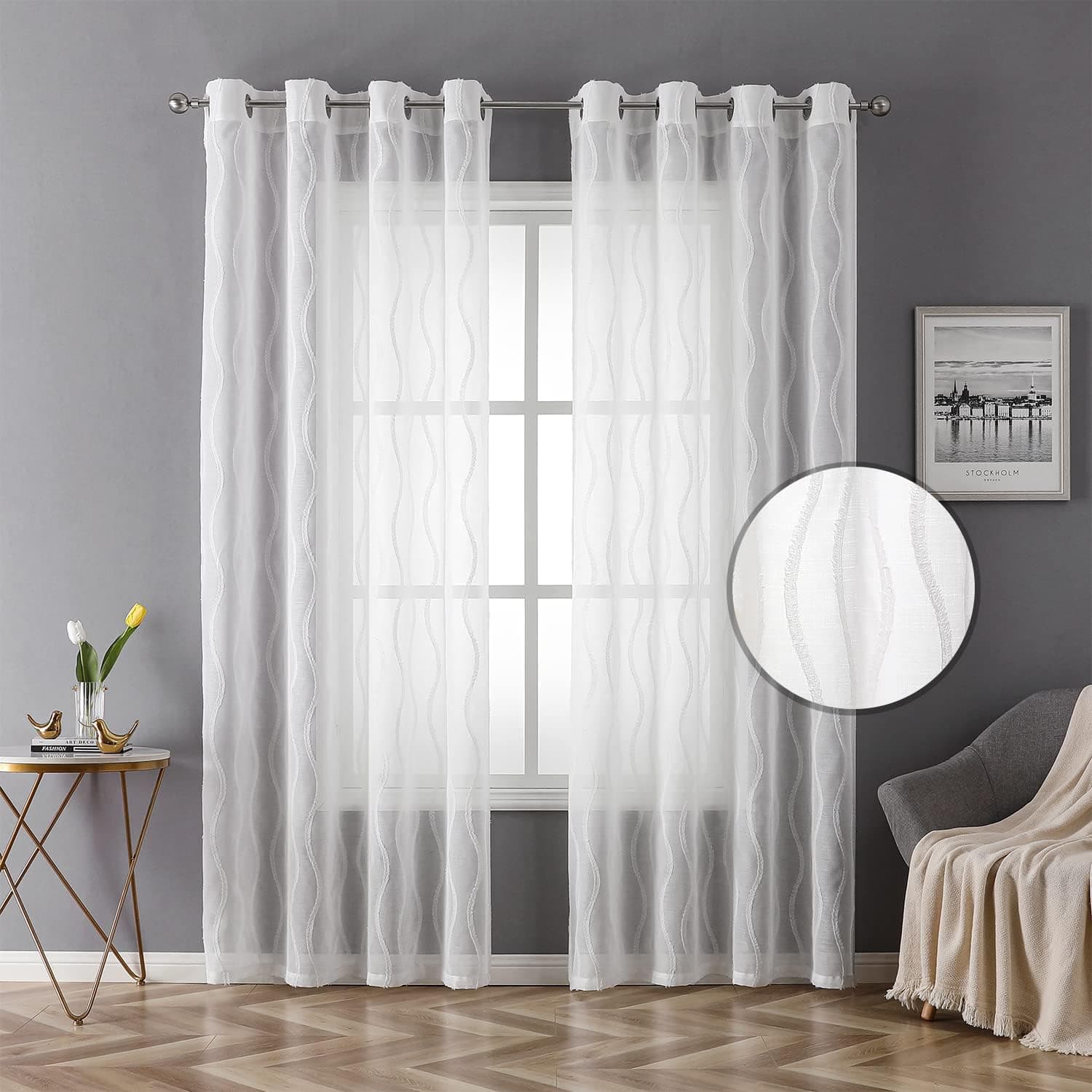 SUNFREE 2 Panels Sheer White Curtains with Wave Pattern, Light Filtering Drapes, Solid Airy Voile Curtain Panels 63 Inch Length for Bedroom/Living Room/Cafe(White, W52 x L63)