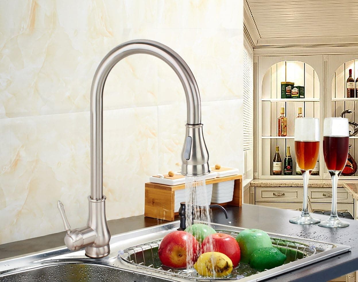 iSpring L8217BN Euro Modern Contemporary Single Handle Pull-Down Kitchen Faucet with Soap Dispenser, Brushed Nickel