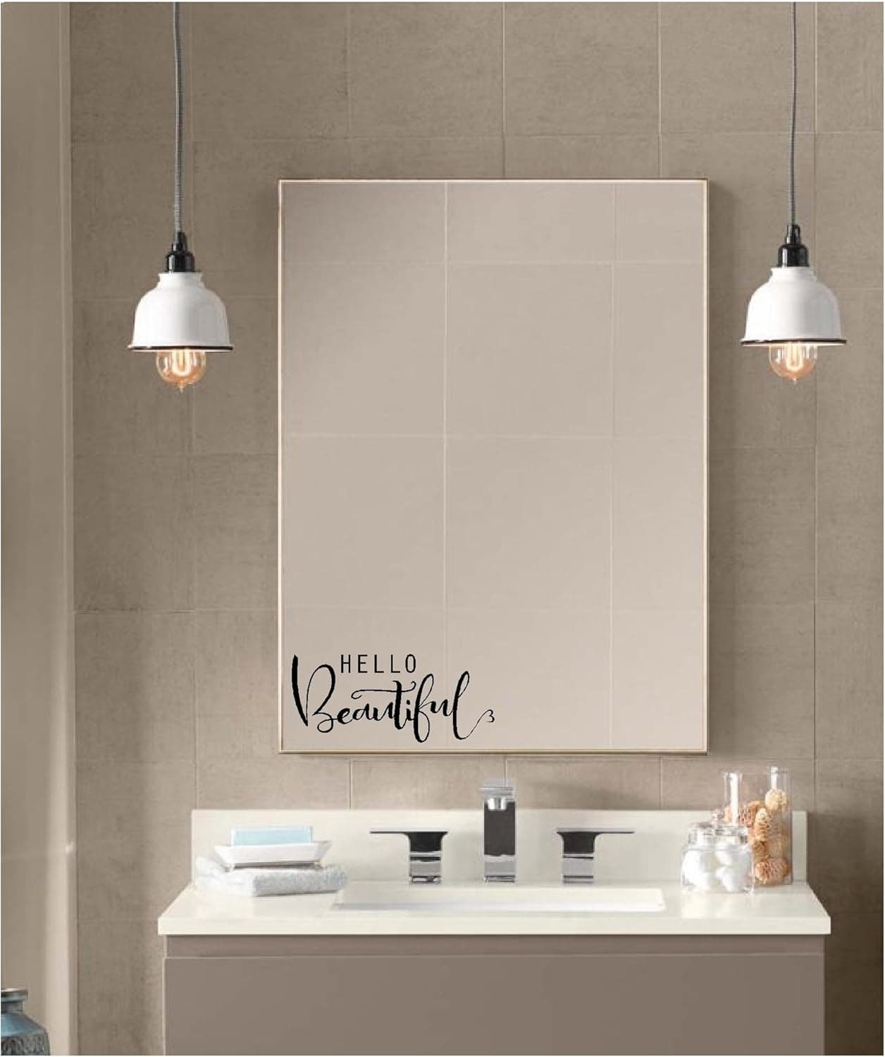 Wall Decor Mirror Sticker - Hello Beautiful - Inspirational Wall Sayings Vinyl Decals Art (11x4.5")