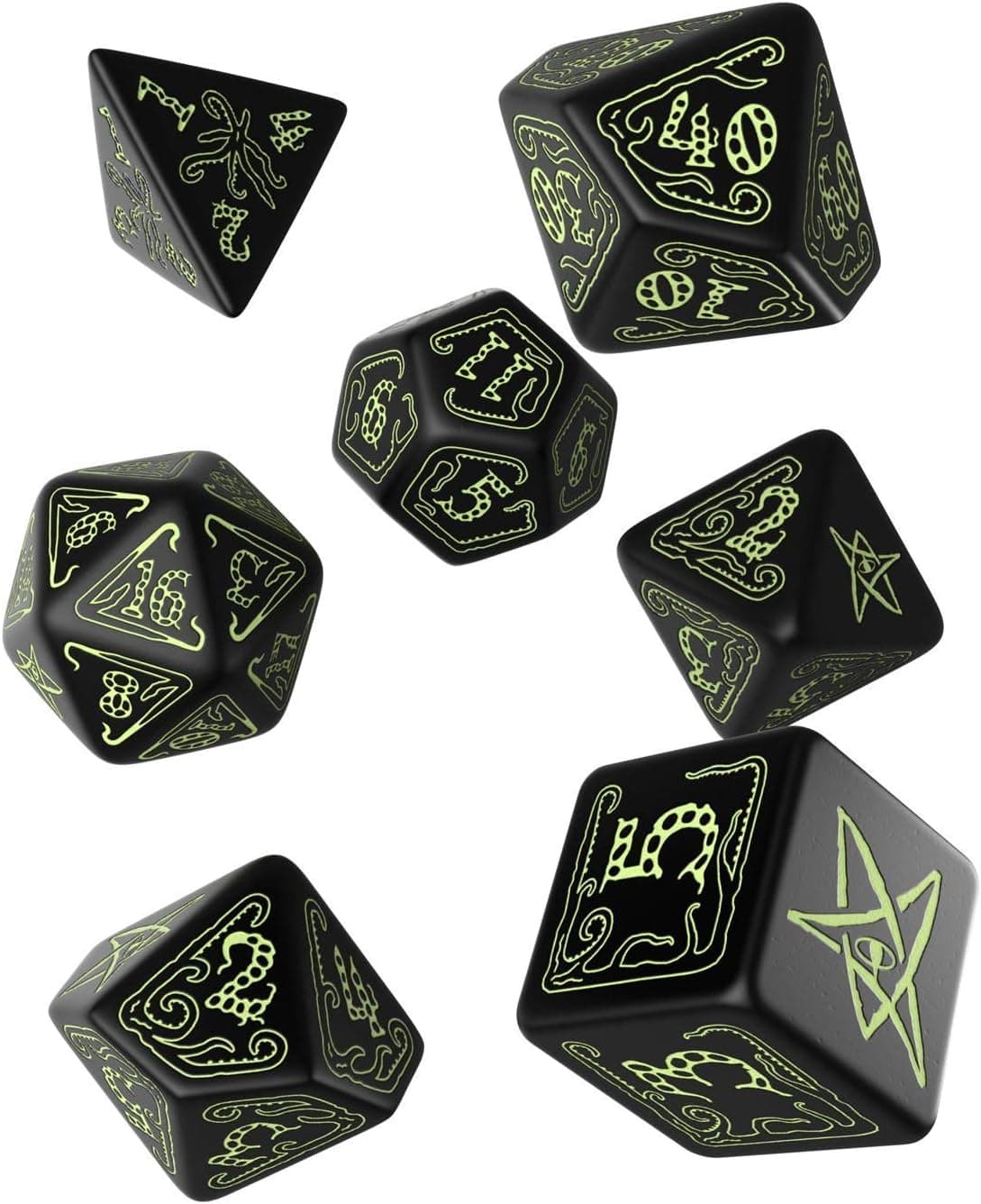 Q-Workshop Call of Cthulhu Black & Glow-in-The-Dark RPG Ornamented Dice Set 7 Polyhedral Pieces Black & Glow-in-the Dark, Standard (15mm - 17mm)