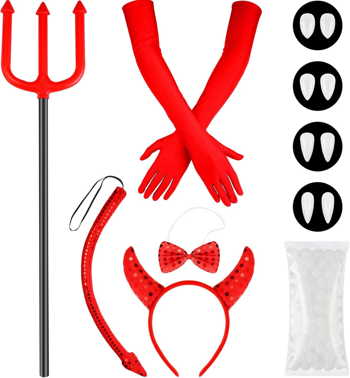 Halloween Devil Costume Set, Sequin Devil Horns Hairband, Bow Tie, Devil Tail, Red Gloves, Fake Vampire Teeth, Devil Fork with Handle, Teeth Pellets for Halloween Theme Party Supplies