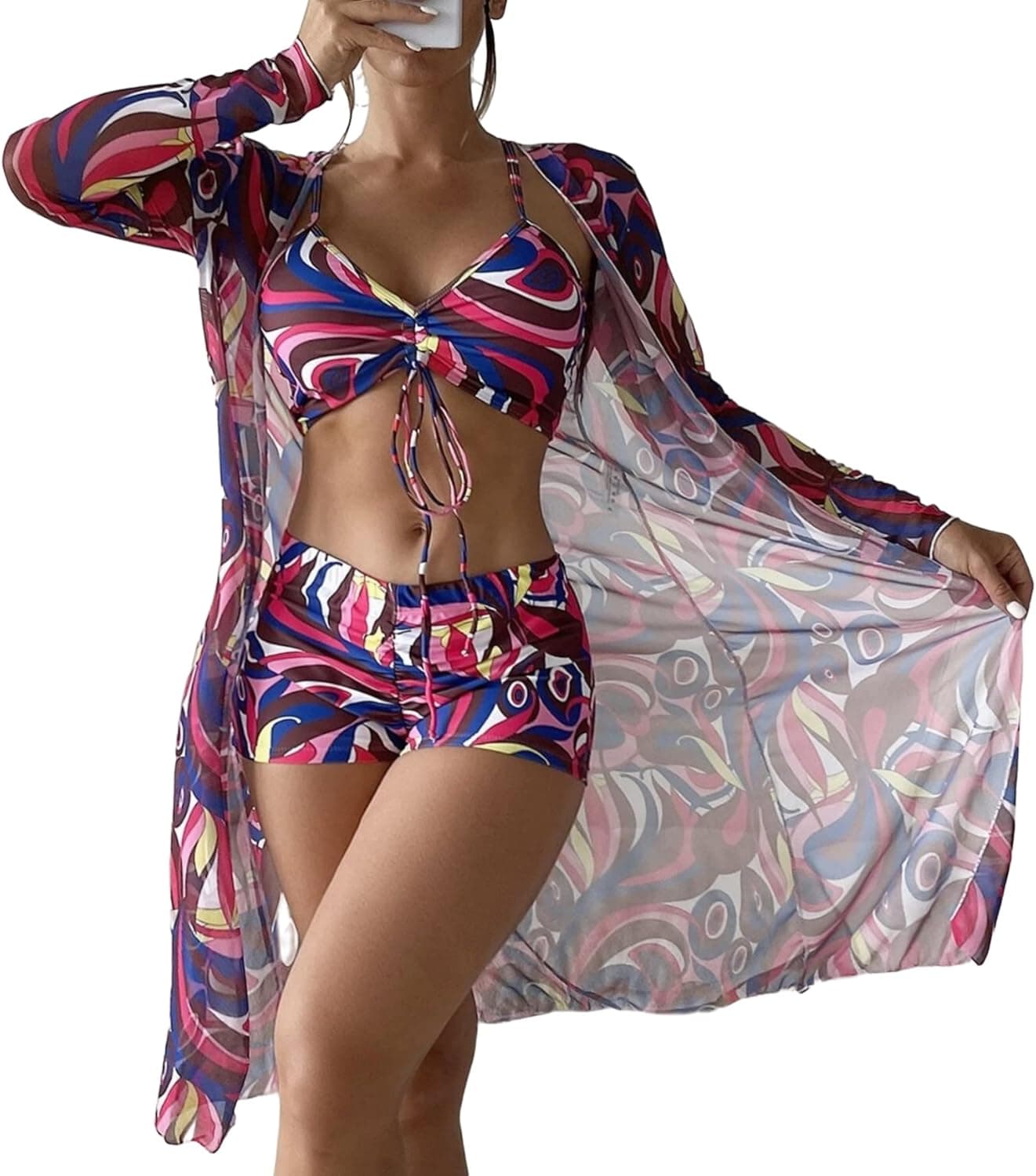 Womens Bathing Suit 3 Piece Swimsuit Drawstring Bikini Set Long Sleeve Beach Cover Up Boho Boy Shorts Swimwear Set