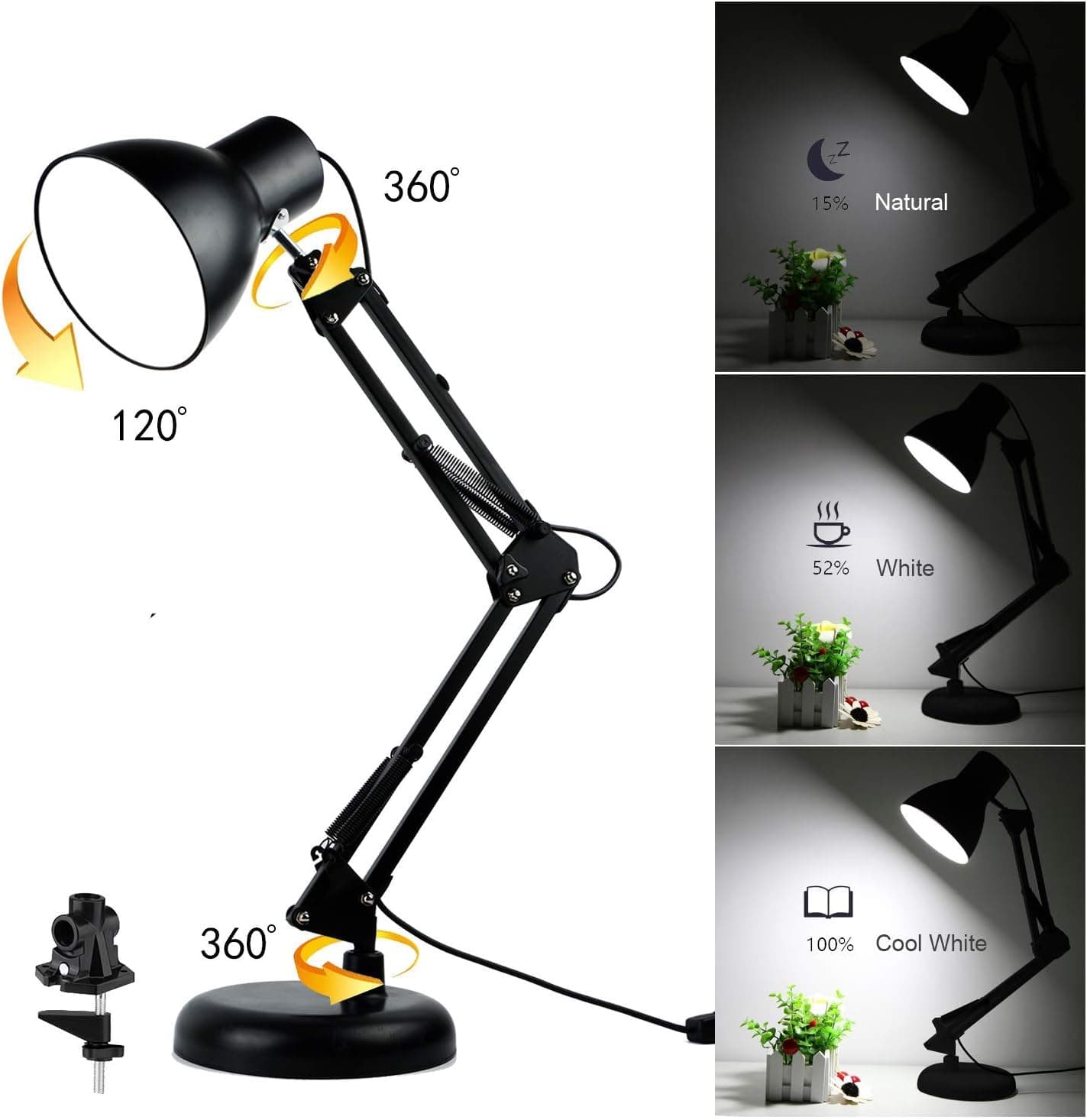 Swing Arm Desk Lamp - Dimmable LED Bulbs Included - with Base & Clamp, Eye-Care Metal Multi-Joint Architect Adjustable Table Light for Office Drafting Reading Work Task, Dimmer Switch USB Light