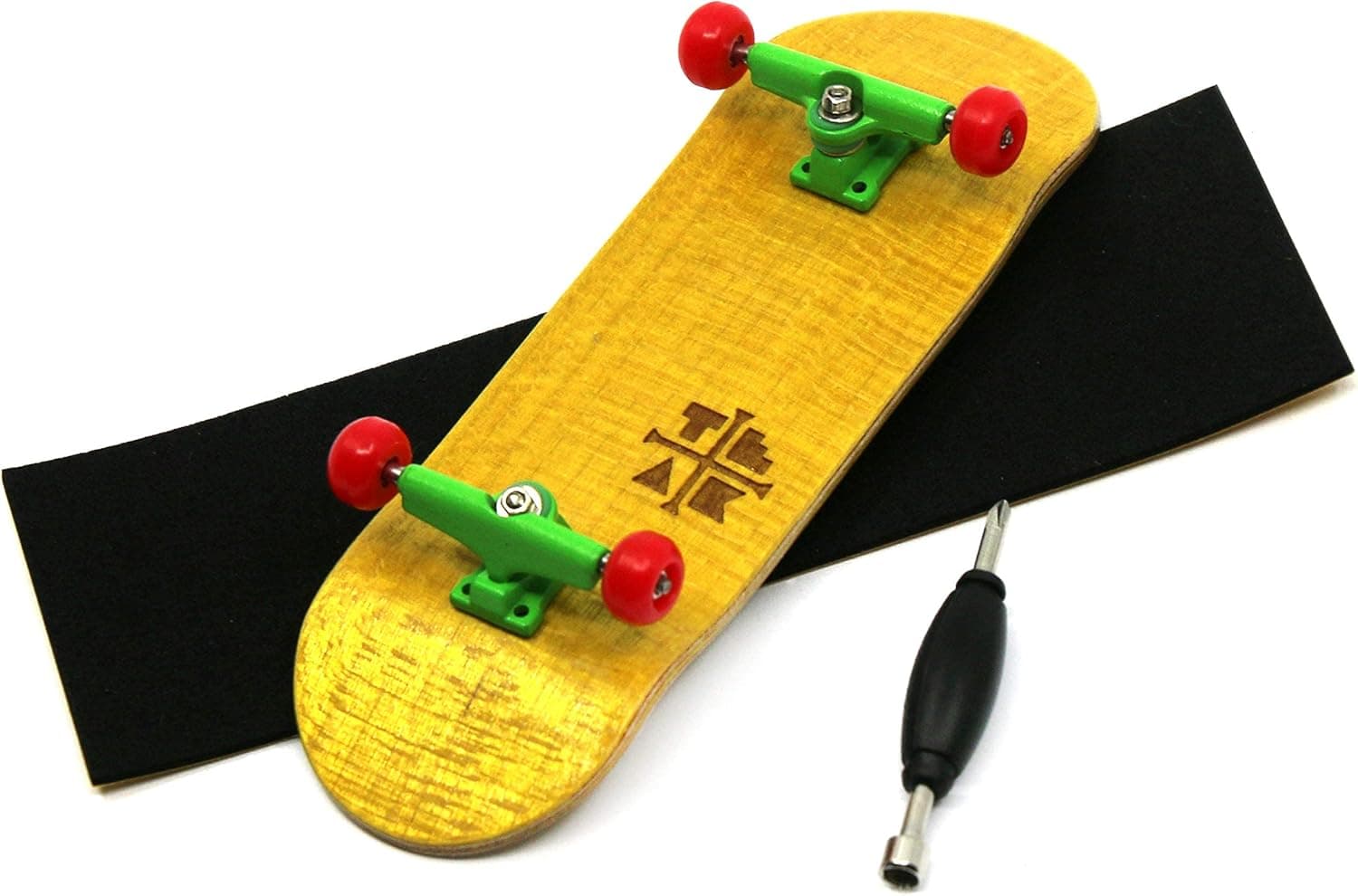 Teak Tuning Prolific Complete Fingerboard - Pro Board Shape and Size, Bearing Wheels, and Trucks - 32mm x 97mm Handmade Wooden Board - Rad Rasta Edition