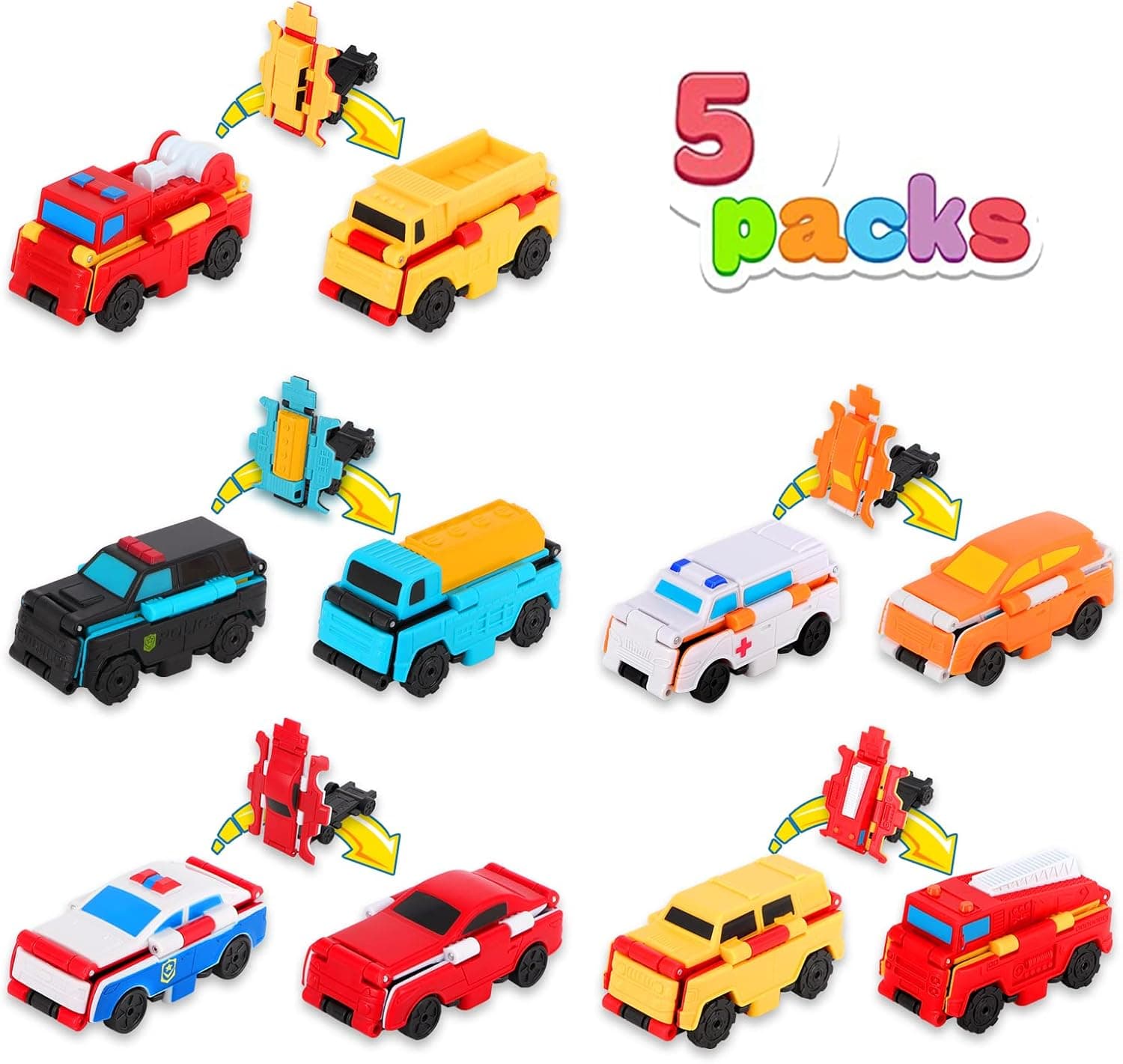 Auby Flip Toy Cars for Kids - 5 PCS Transforming Cars Toys for 3 4 5 6 7 8 Year Old Boys and Girls, 10 Styles City-Themed Car Toys for Kids, Halloween Christmas Easter Birthday Gifts for Kids