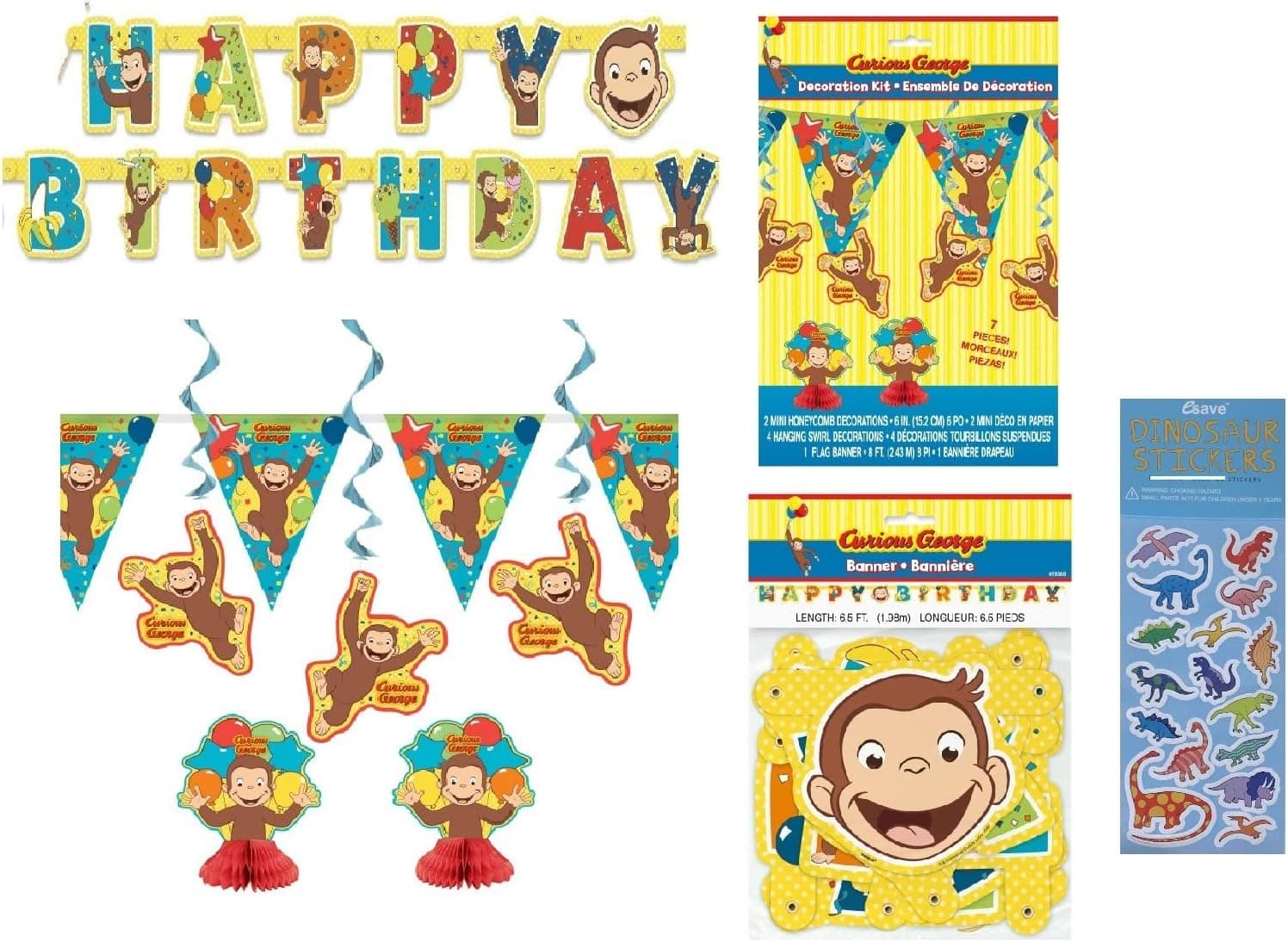 Curious George Birthday Party Supplies Decoration Bundle Includes Mini Centerpieces, Swirl Hanging Decortions, 8 Feet Flag Pennant Banner, Happy Birthday Banner