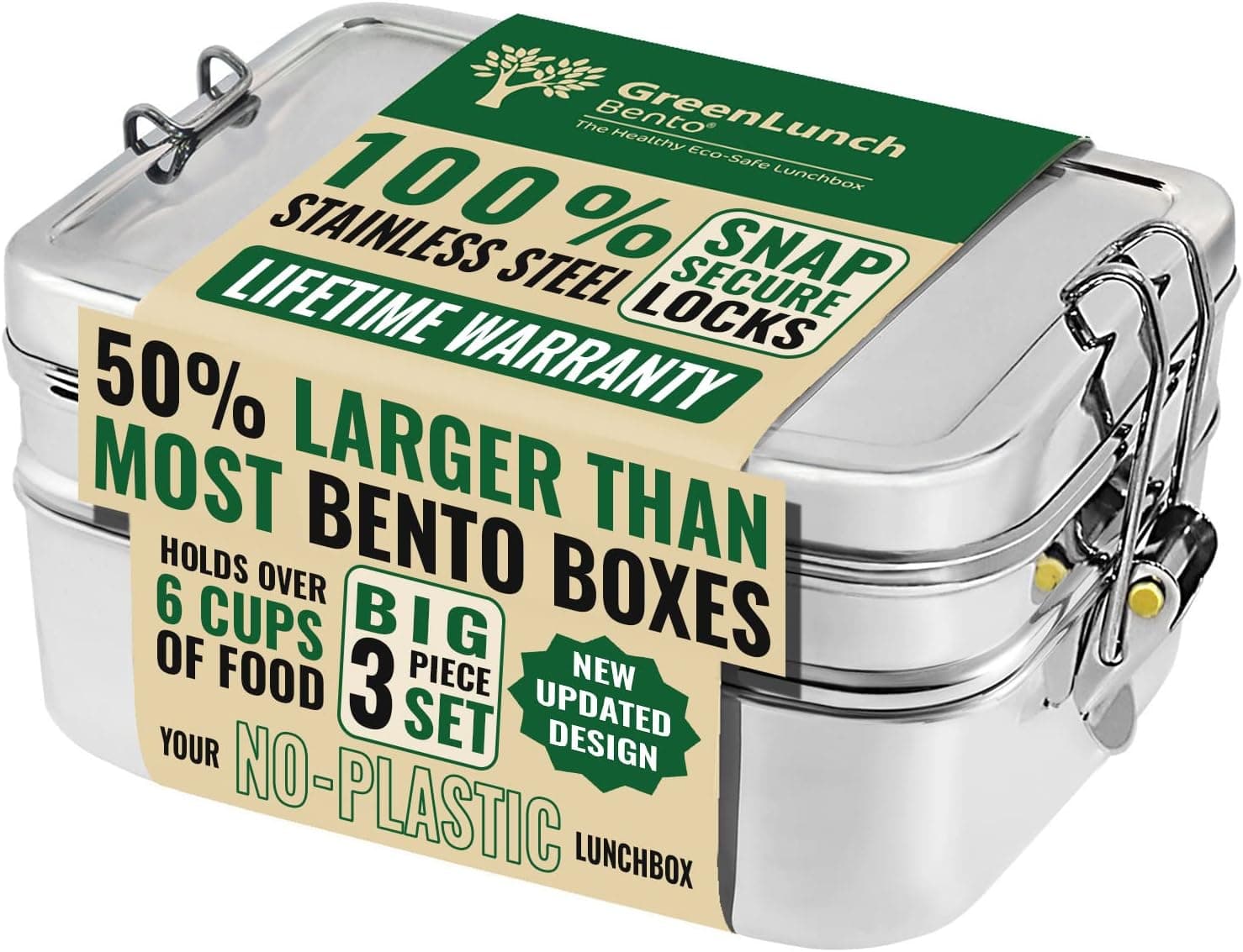 3-in-1 Stainless Steel Bento Box For Adults with Snack Pod - Holds 6 Cups of Food, 100% Crack-Resistant, Secure Locks, Eco-friendly Metal Lunch box Container